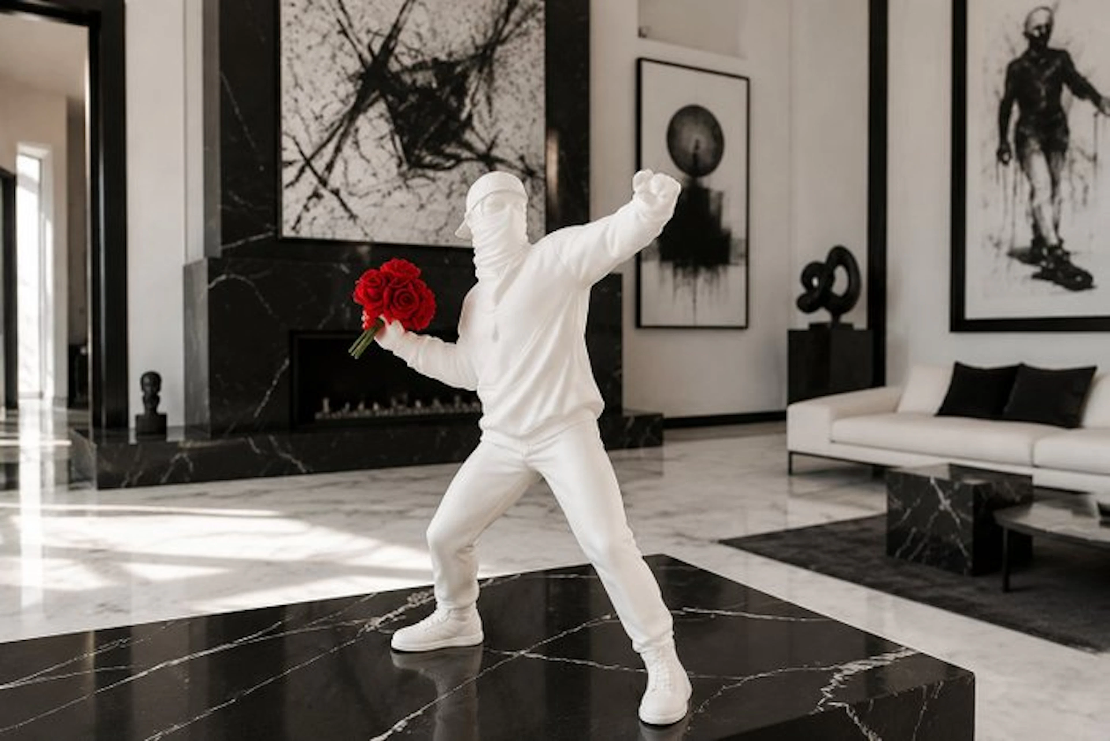 Statue, ***FLOWER THROWER*** after BANKSY - 21.5 cm - WHITE colour-resin