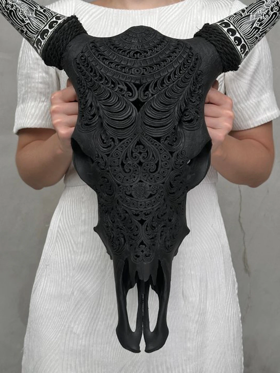 NO RESERVE PRICE - Carved Black Cow Skull with Bohemian...