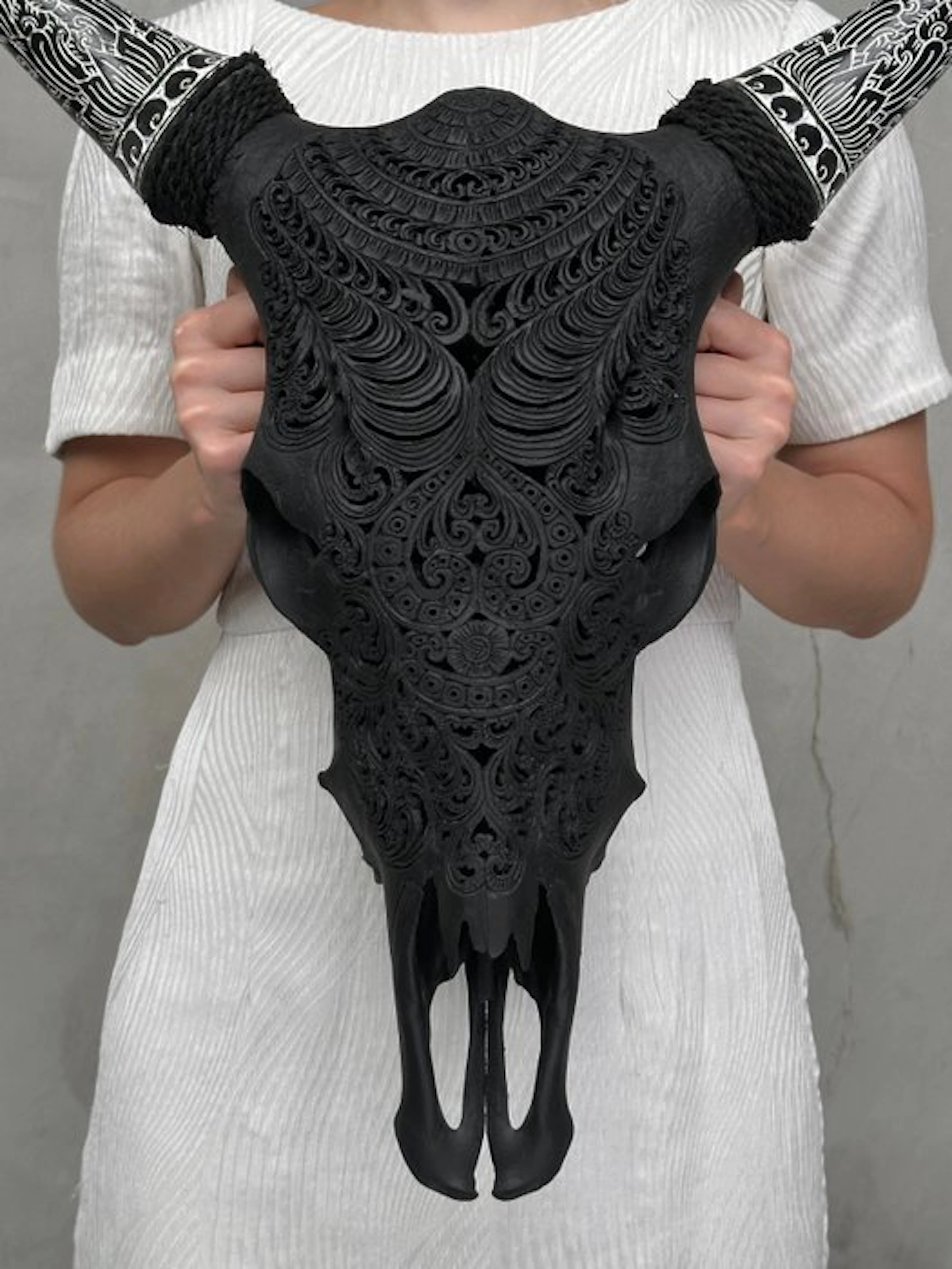 NO RESERVE PRICE - Carved Black Cow Skull with Bohemian...