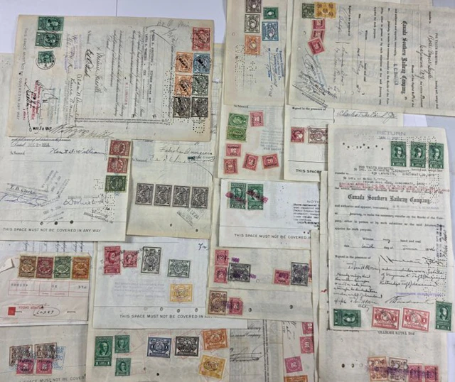 United States - Tax stamps attached to 20 shares of US trains.
