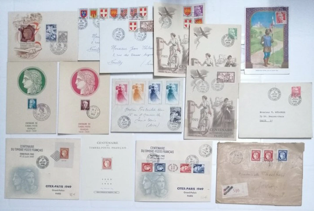 France 1949 - Centennial of the stamp: a batch of documents