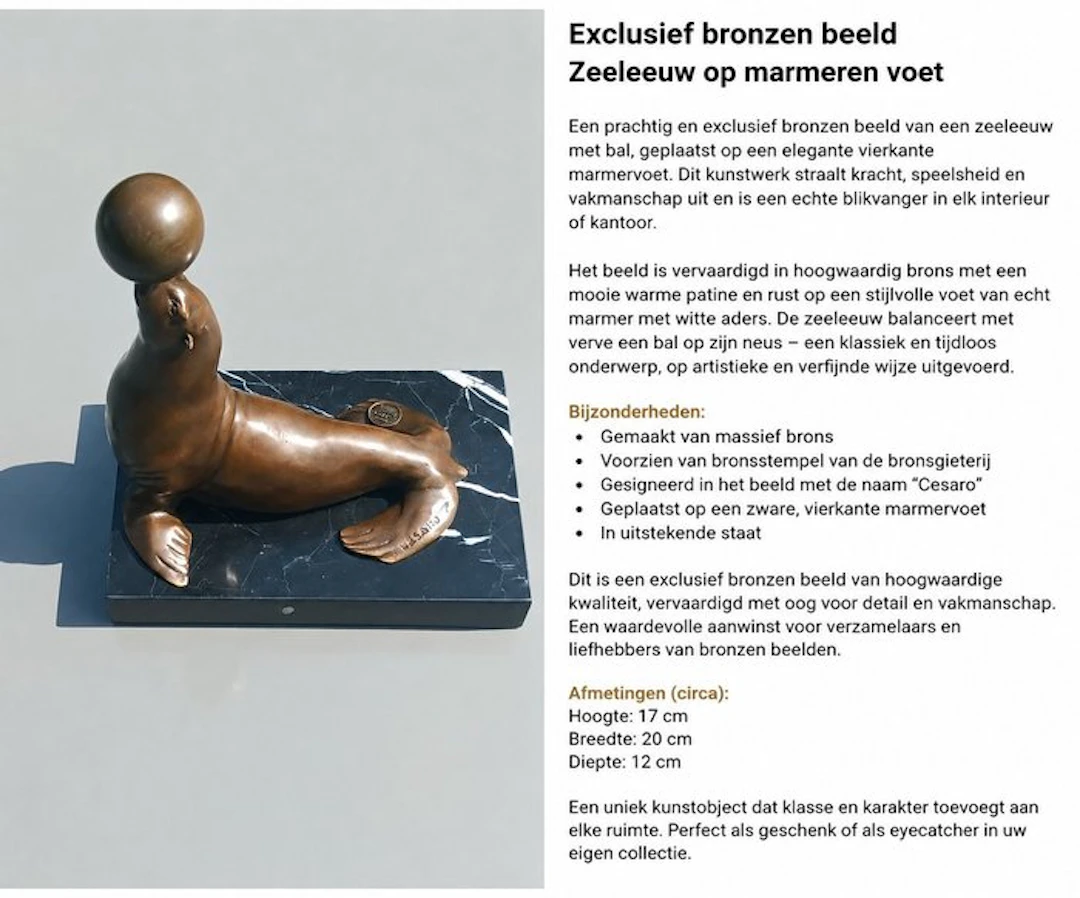 Sculpture, Zeeleeuw op marmervoet - 21 cm - Cold painted bronze