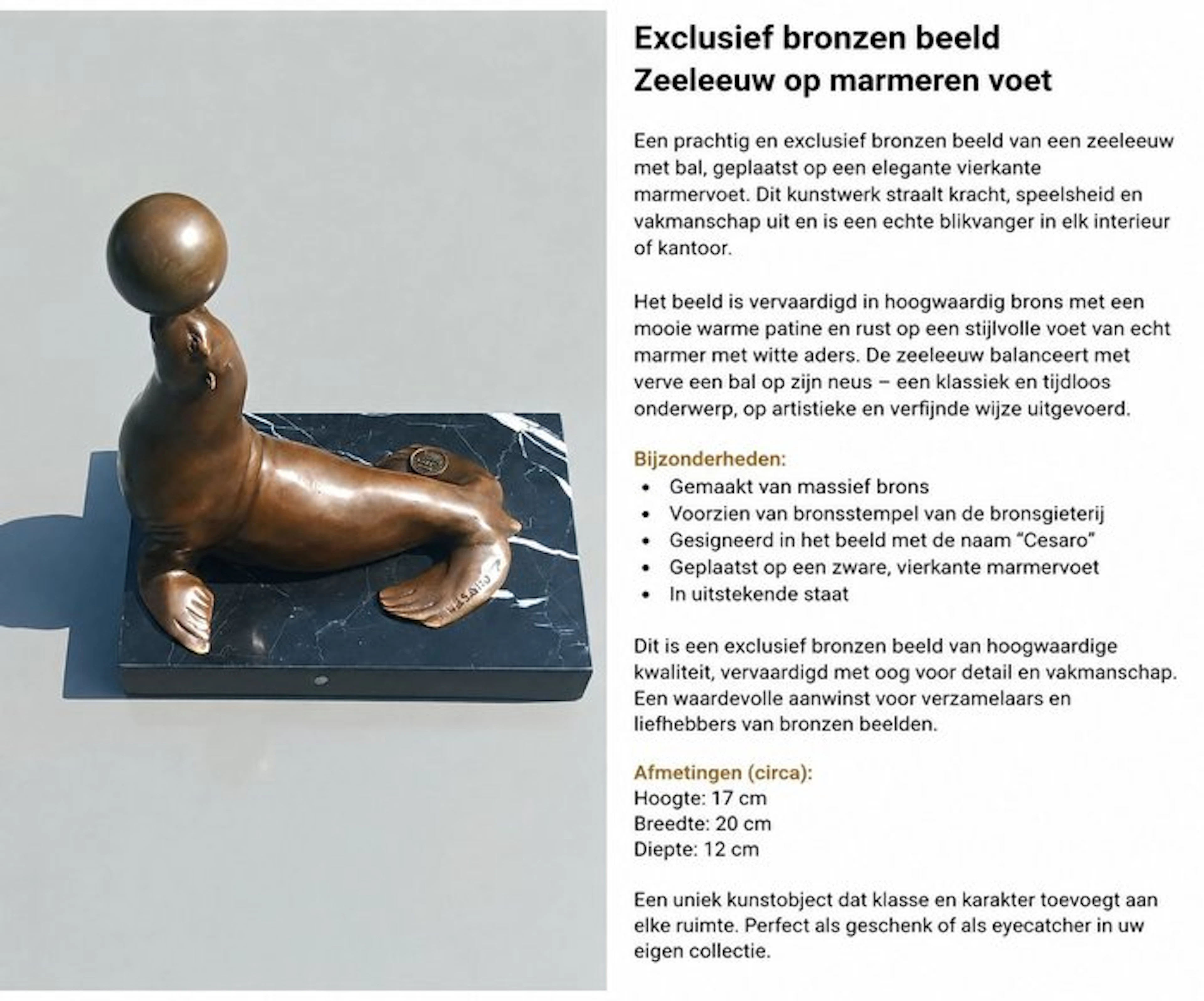 Sculpture, Zeeleeuw op marmervoet - 21 cm - Cold painted bronze