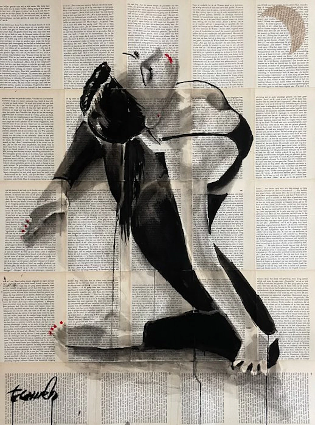 TOMEH - “Poise” –Original Painting– Ink Drawing on old Book Pages .