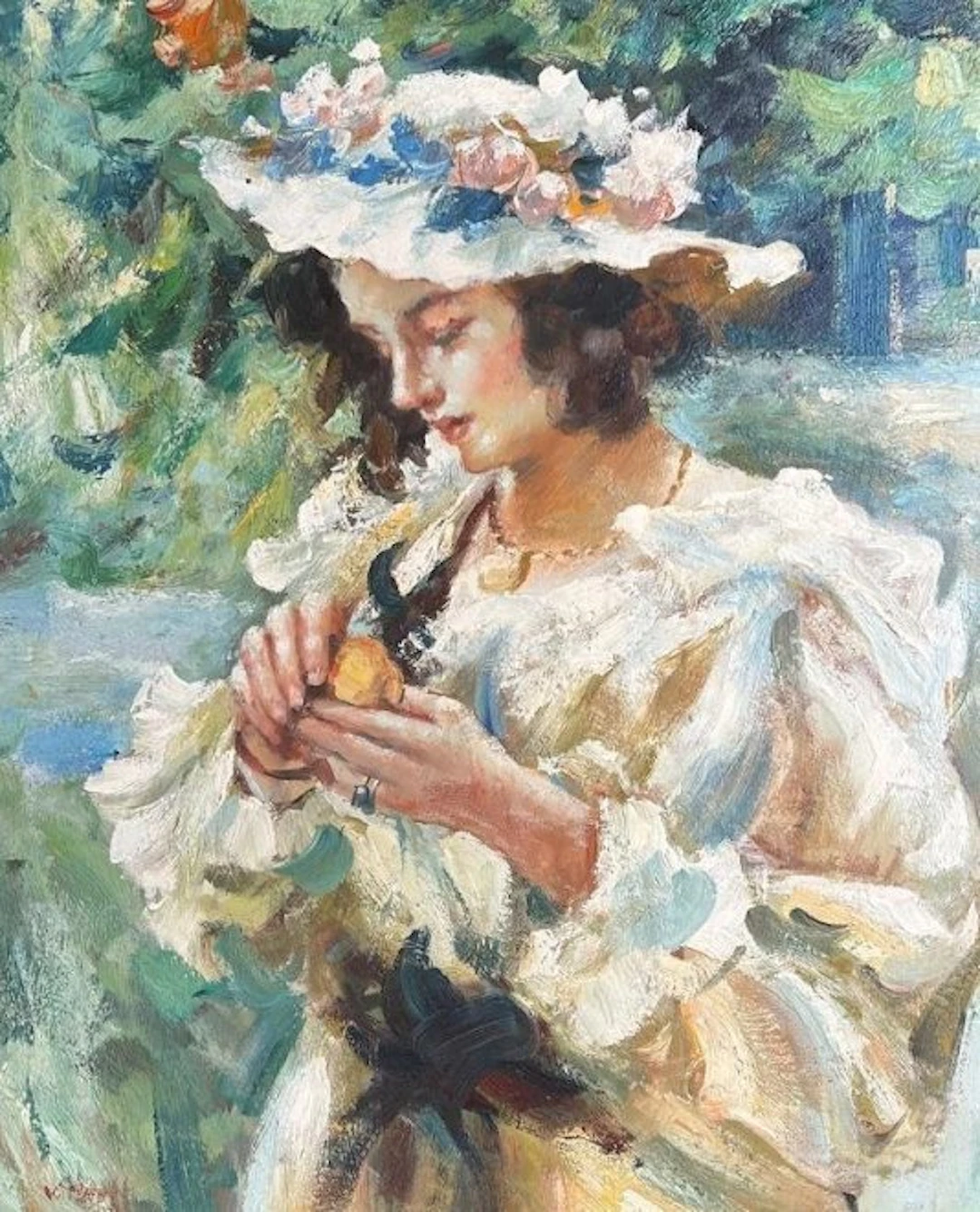 Van Hooff (XX-XXI) - Dame met bloemenhoed in de tuin —...