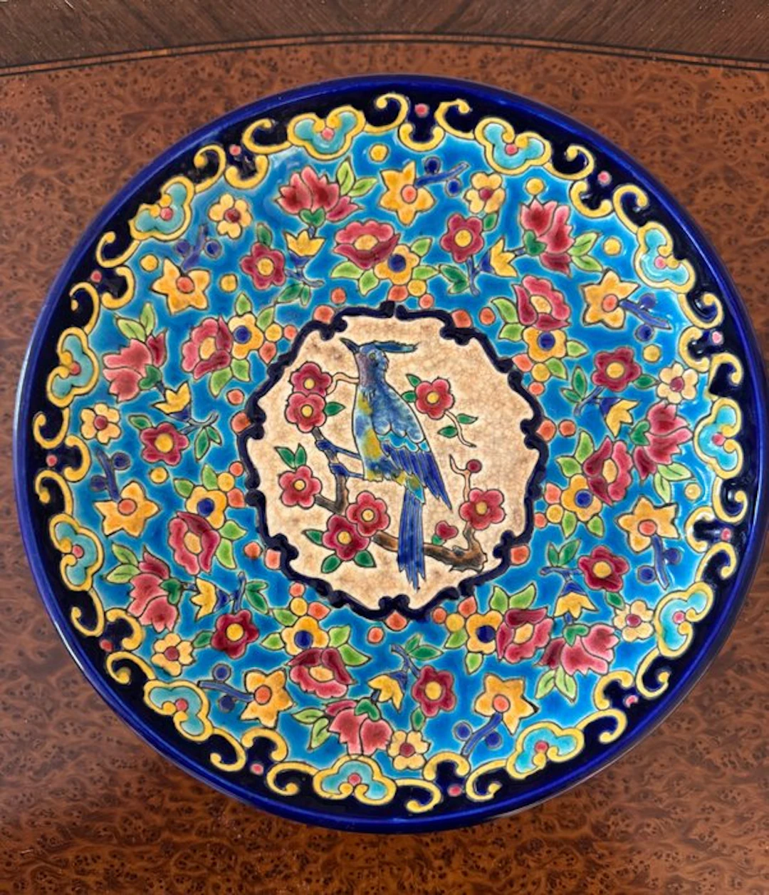 Longwy - Dish - Enamel, Earthenware - Decor featuring a crested bird