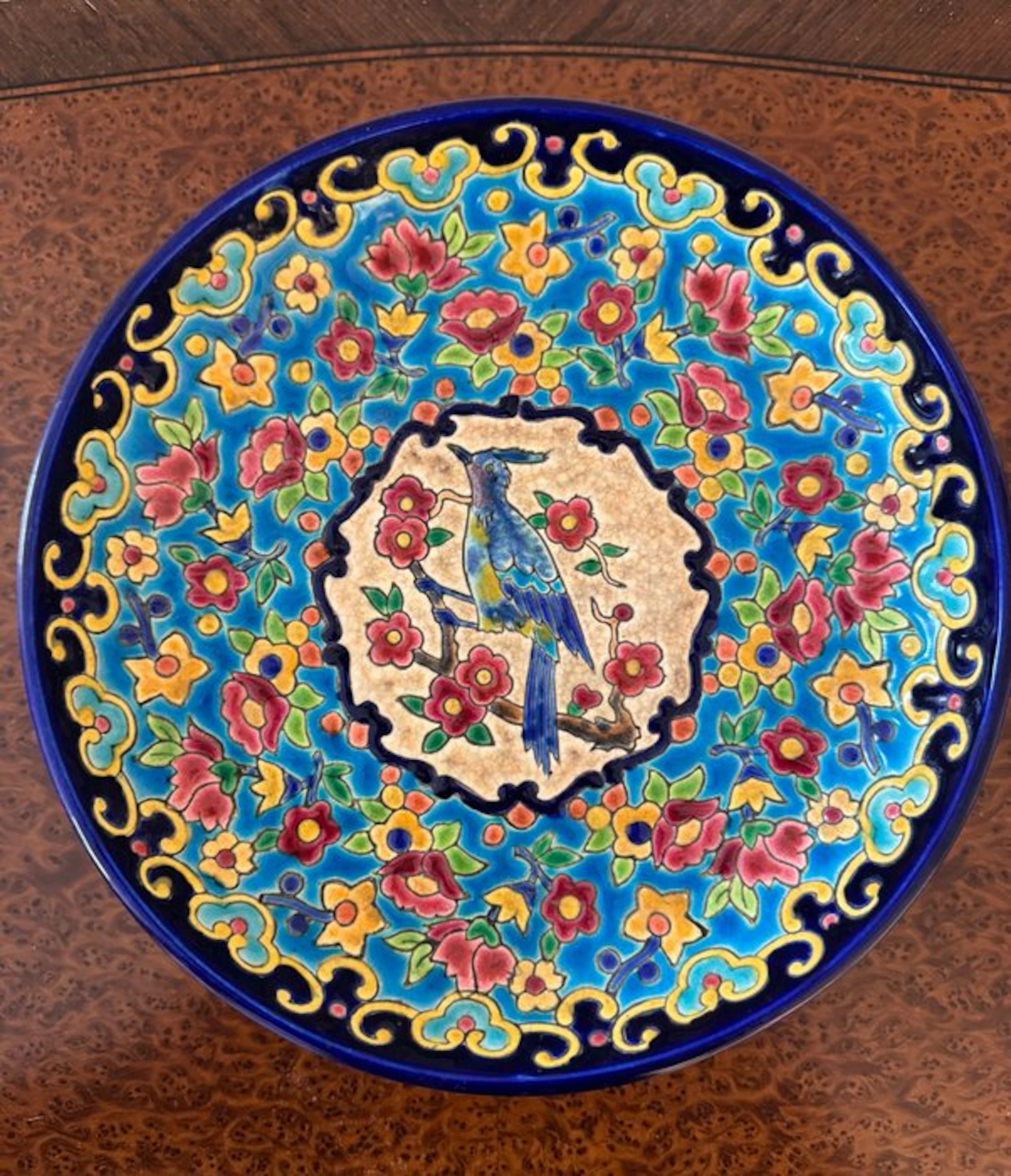 Longwy - Dish - Enamel, Earthenware - Decor featuring a crested bird