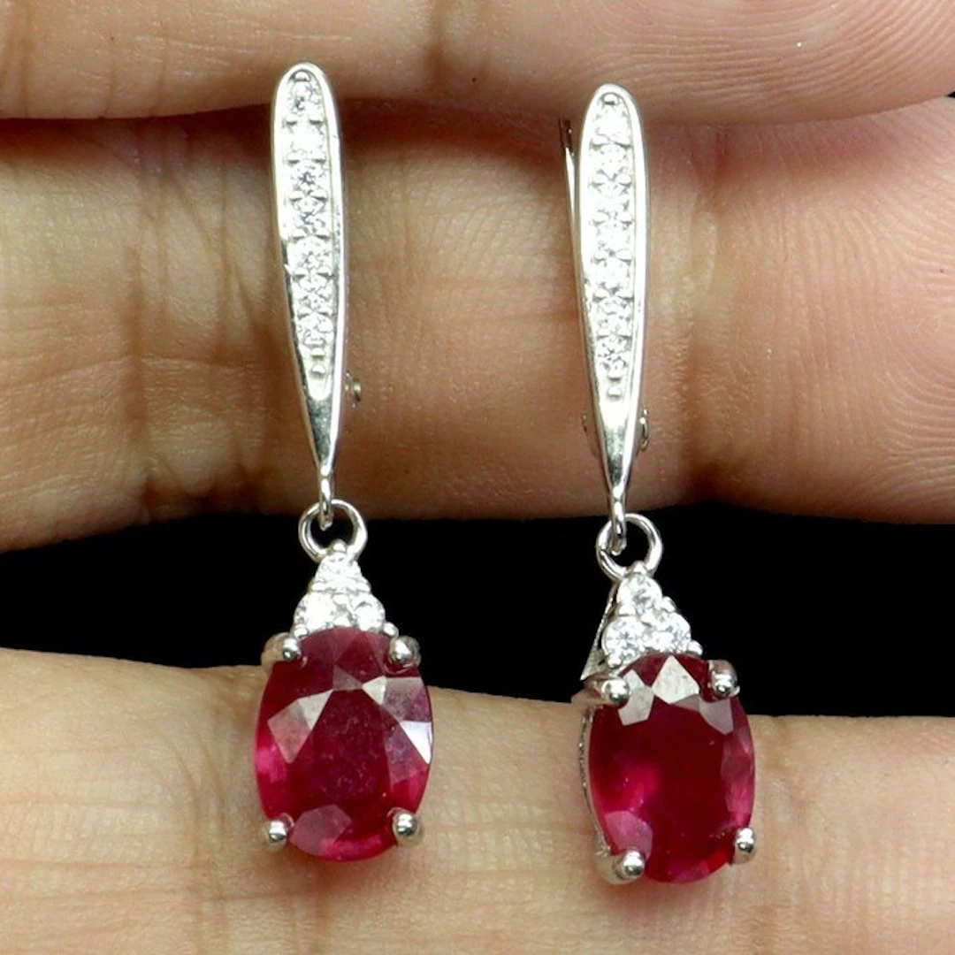 No reserve price - Earrings 925 Silver, 14K White Gold plated Ruby