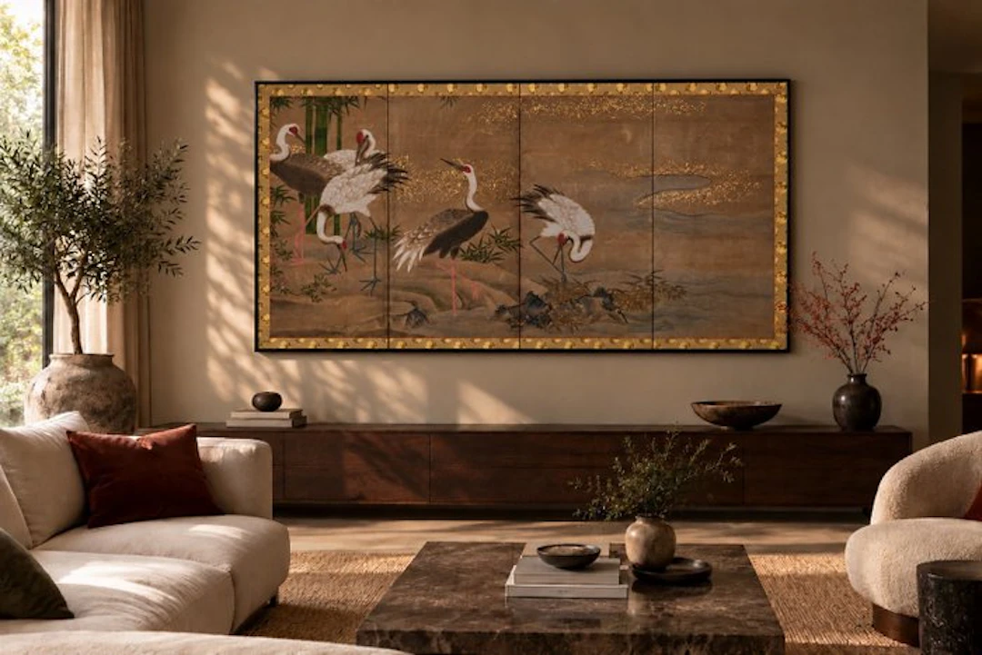 A medium four-panel folding screen with cranes beside a stream - Paper