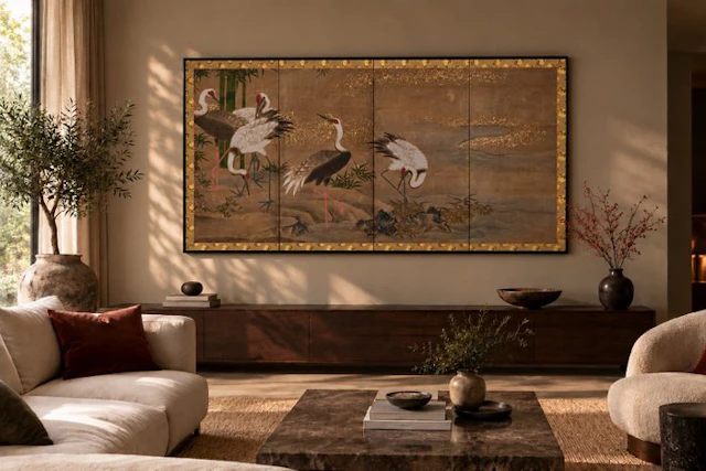 A medium four-panel folding screen with cranes beside a stream - Paper
