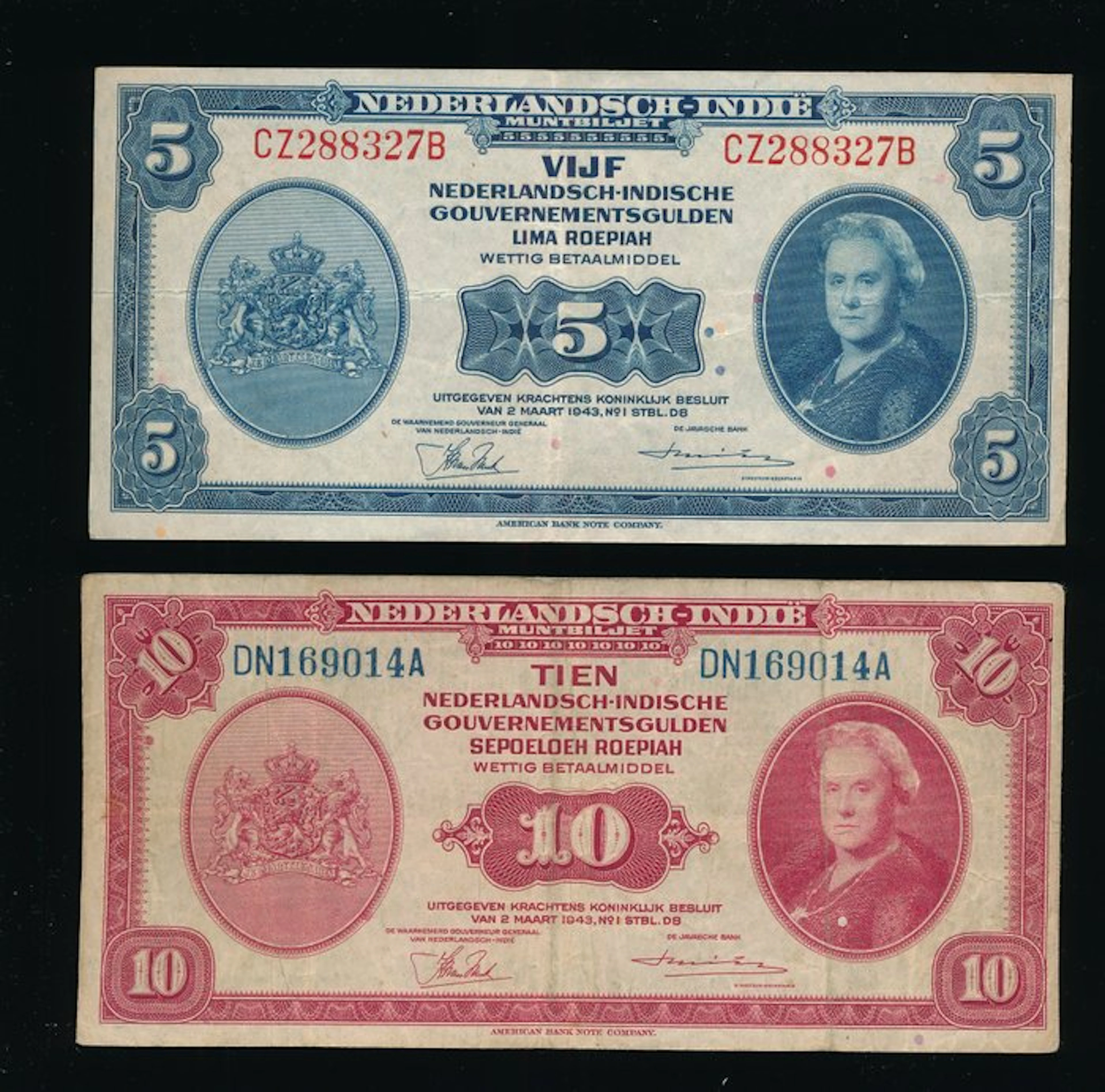 Netherlands Indies. - 5 and 10 Gulden 1943 - Pick 113, 114 (No reserve price)