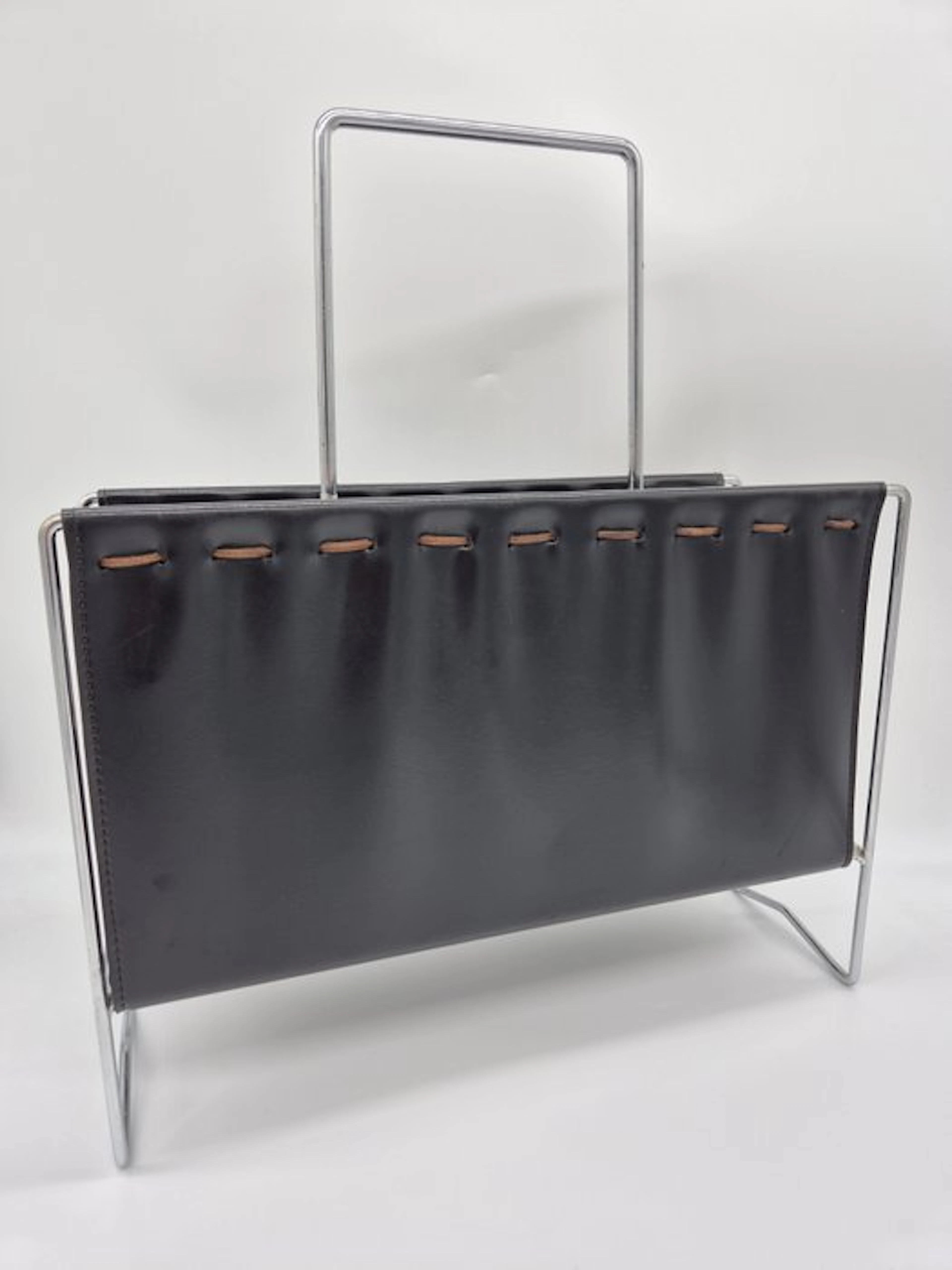 Mid-Century - Magazine rack - Leather, Chrome, Steel
