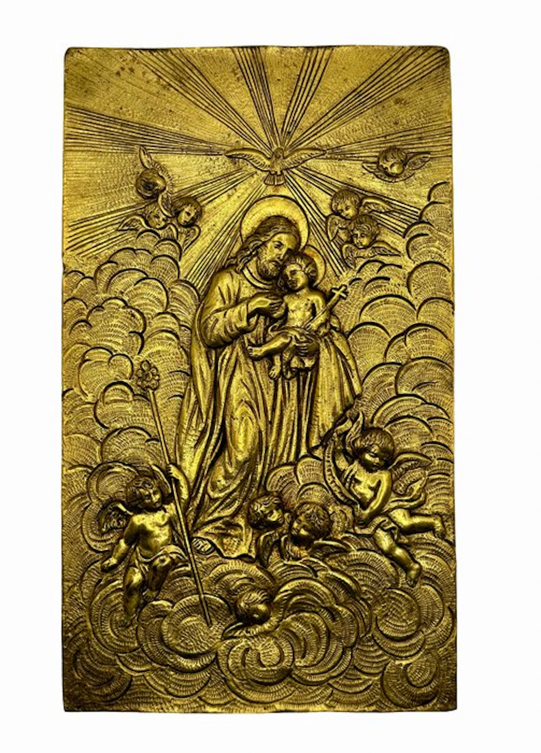 Relief, San Giuseppe e Gesù Bambino - XIX secolo - 23.3 cm - Bronze