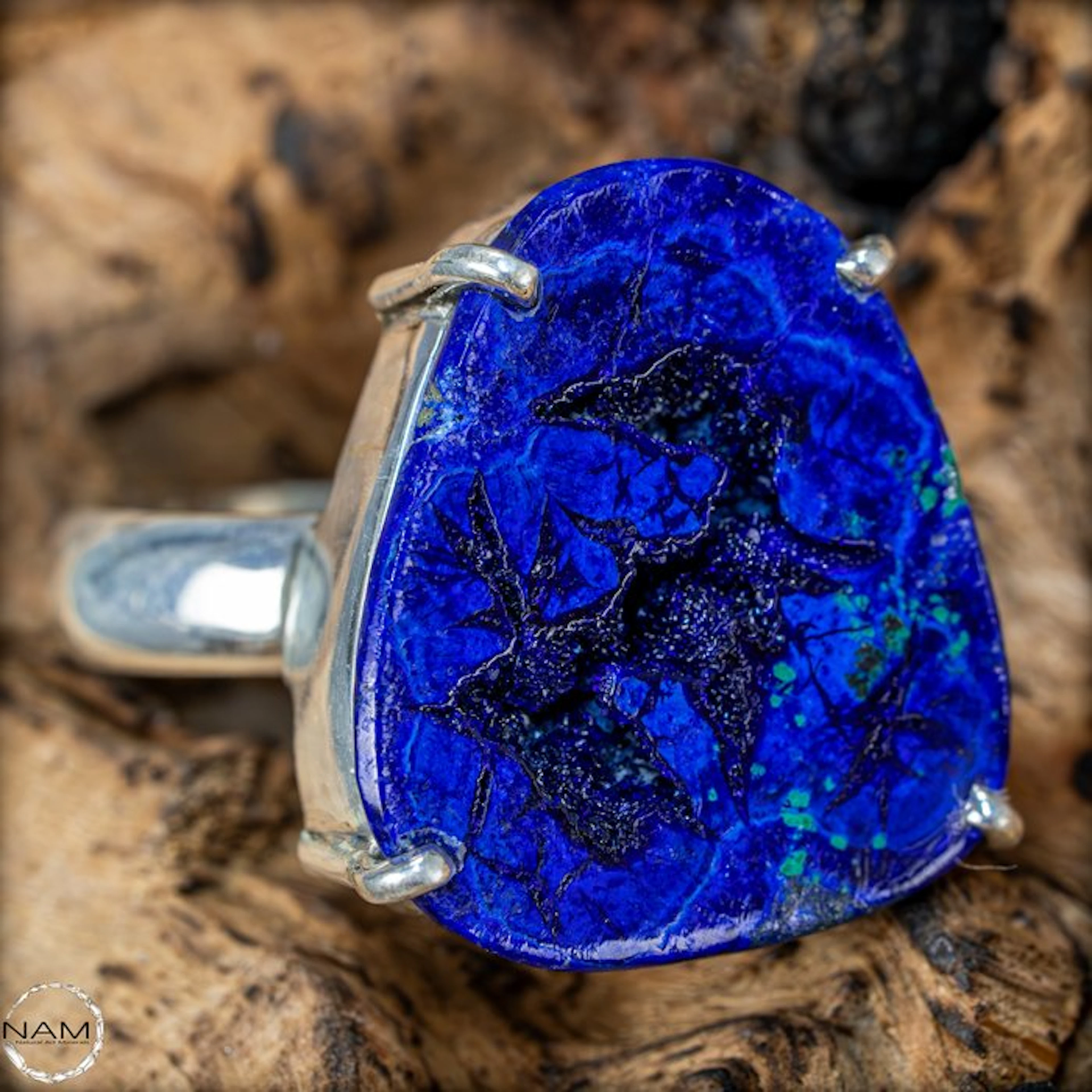 Very rare natural azurite nugget from Russia. 925 silver ring - 77.3