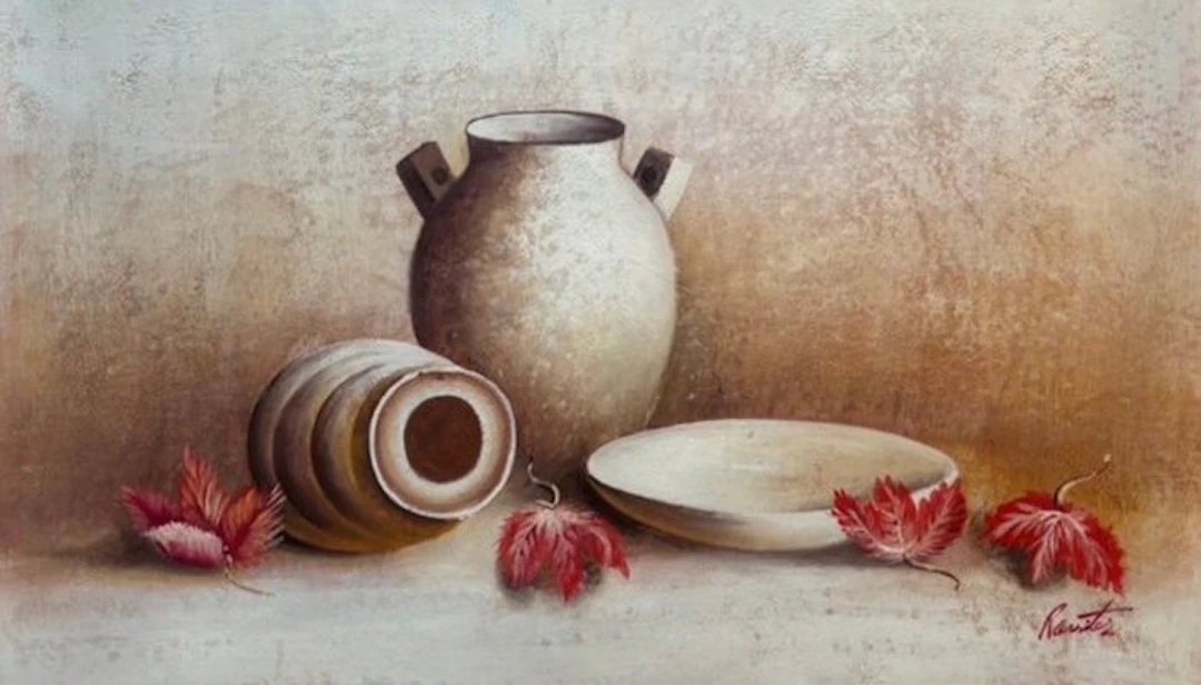 Rossitez (XX) - Large Modernist Still Life with Ceramic Vessels & Red Leaves