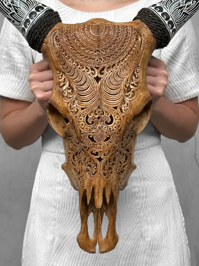 NO RESERVE PRICE - Carved Brown Cow Skull with Bohemian...