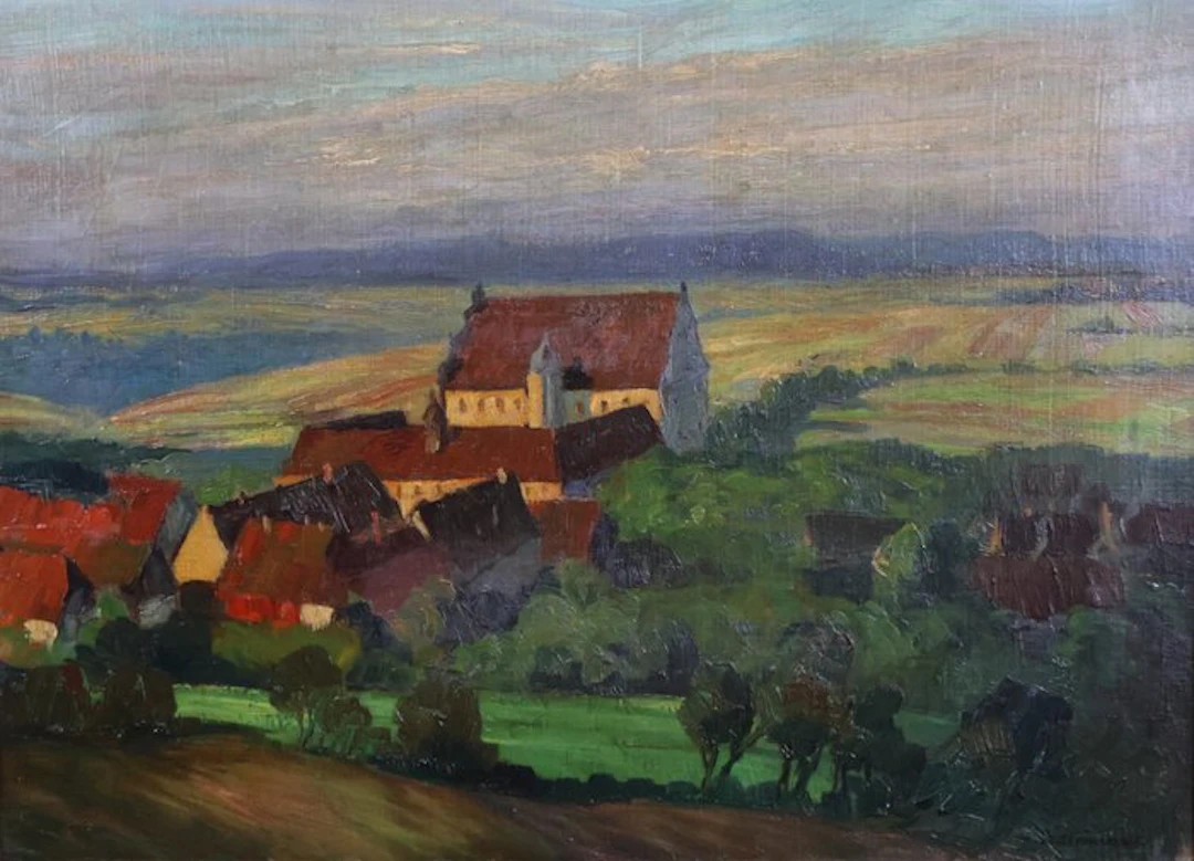 Wilhelm Battermann (1872-1964) - Dorf mit Kirche über weitem Hügelland