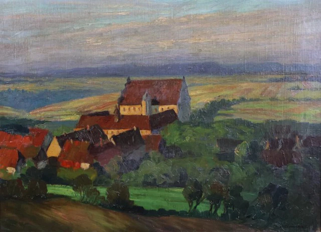 Wilhelm Battermann (1872-1964) - Dorf mit Kirche über weitem Hügelland