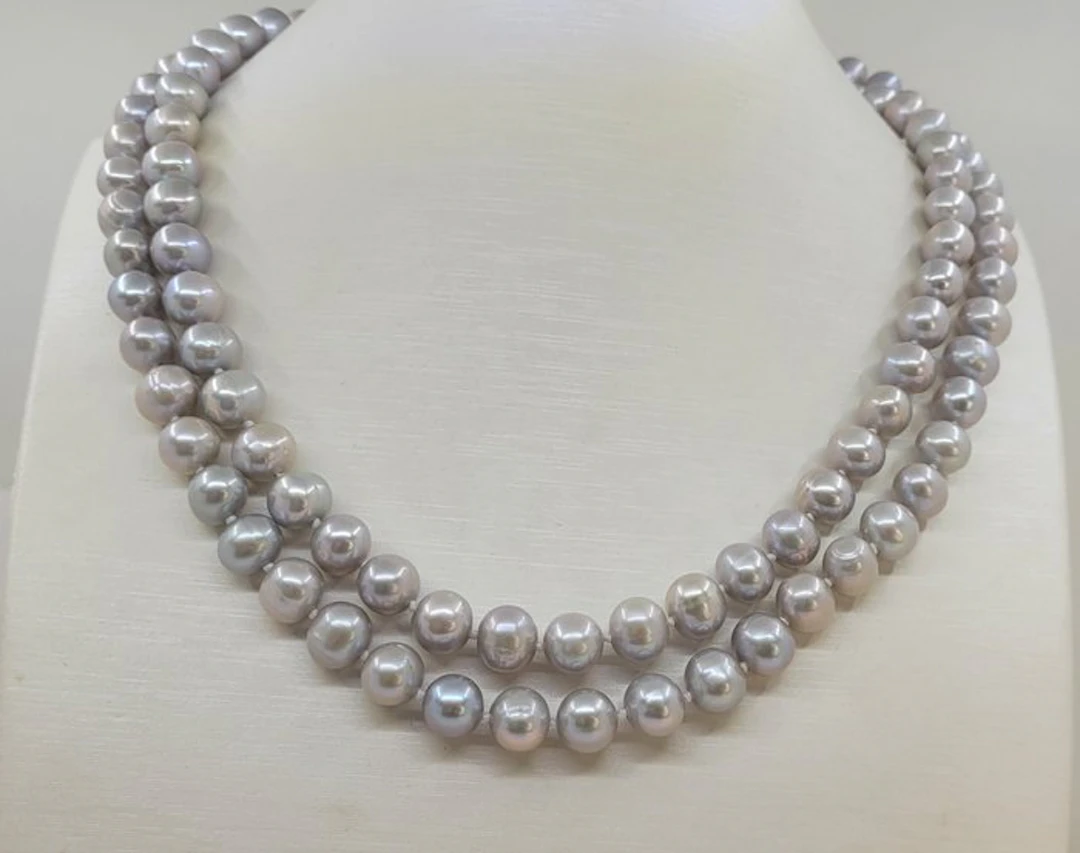 No reserve price - Necklace Silver, 8x9mm Round Grey Freshwater pearls