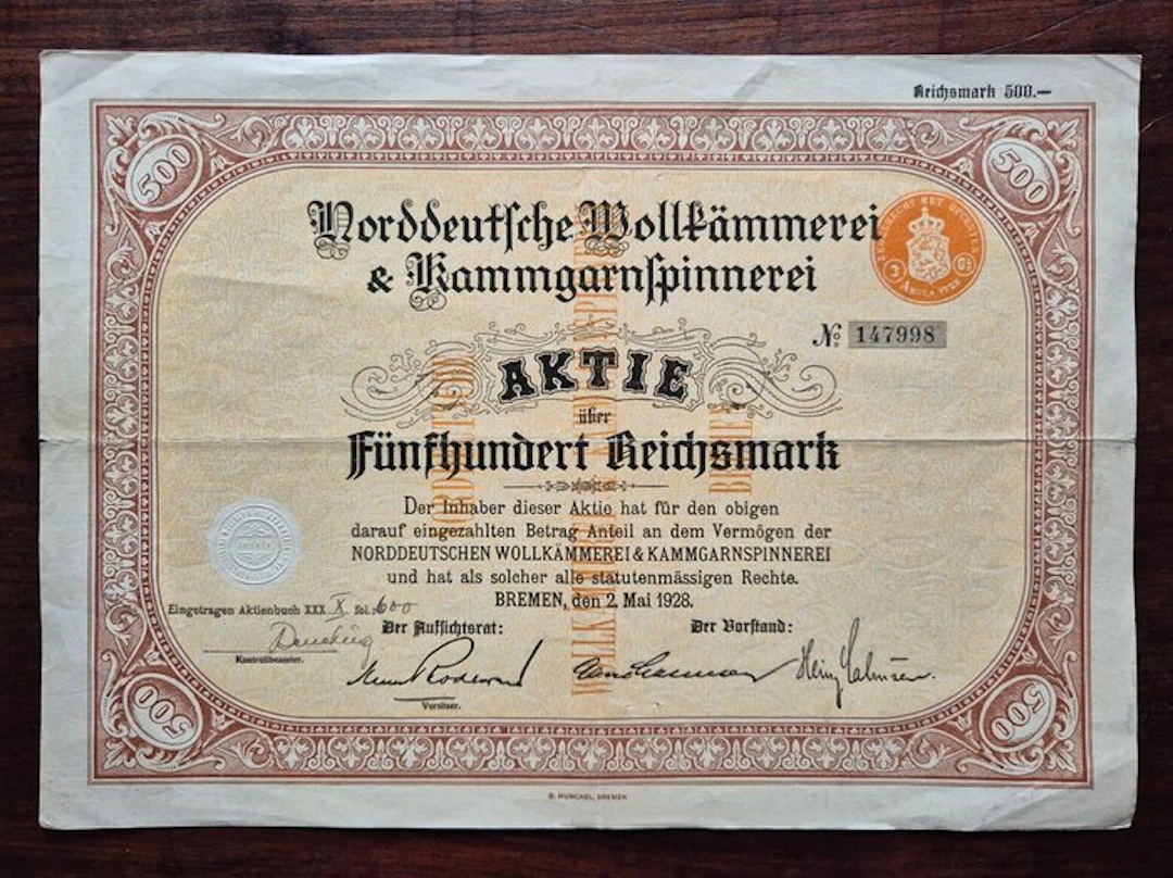 Germany. 500 Reichsmark 1928 Norddeutsche Wollkammerei & Kammgarnspinnerei