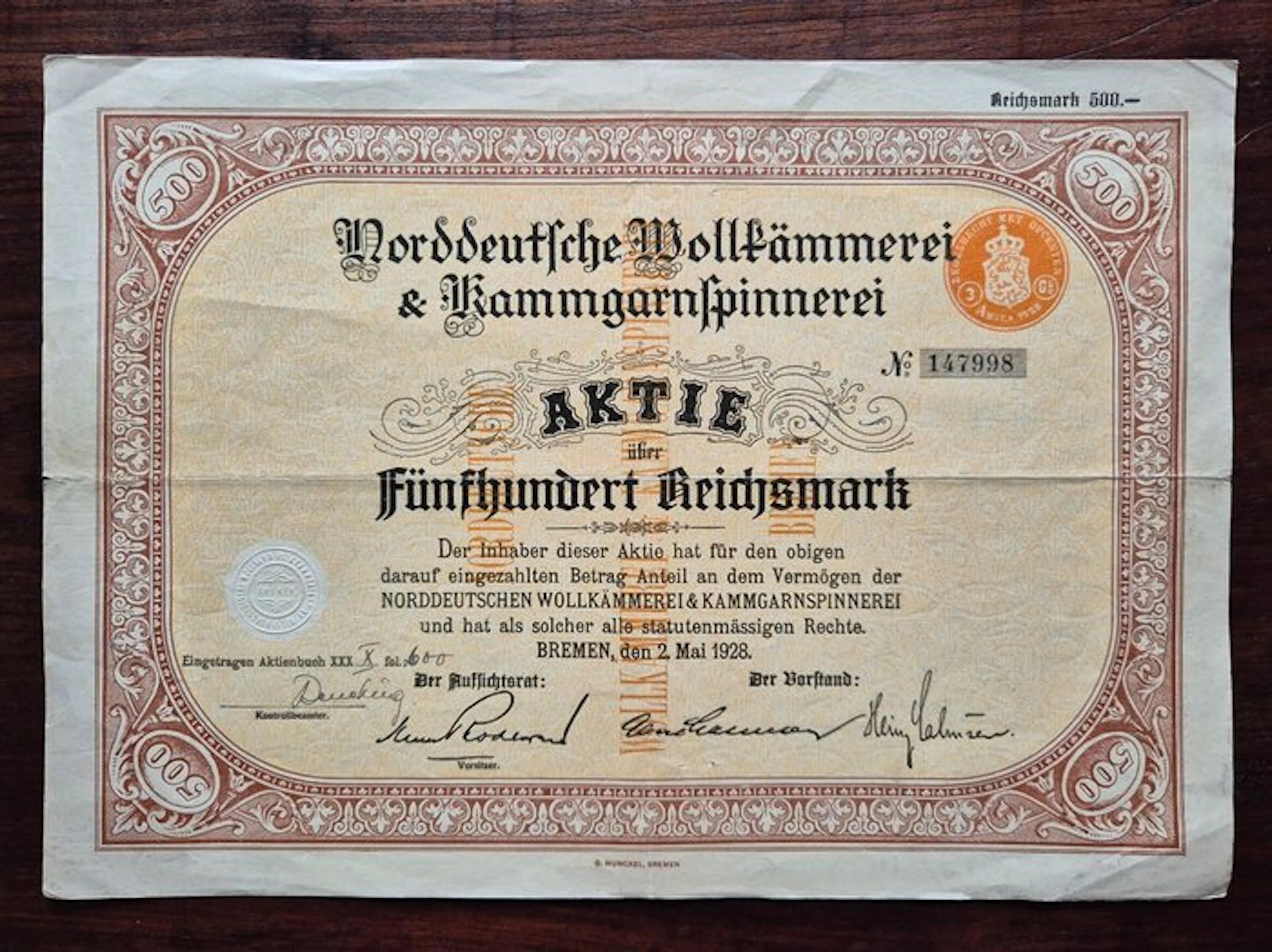 Germany. 500 Reichsmark 1928 Norddeutsche Wollkammerei & Kammgarnspinnerei