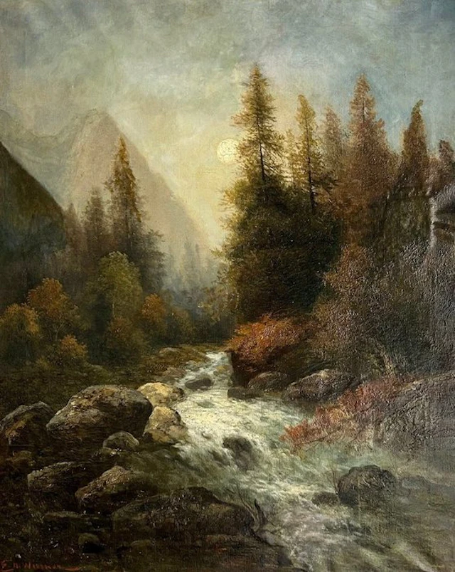 E.H. Wiesner (XIX) - Torrente Alpino nella Gola Boschiva al Chiaro di Luna