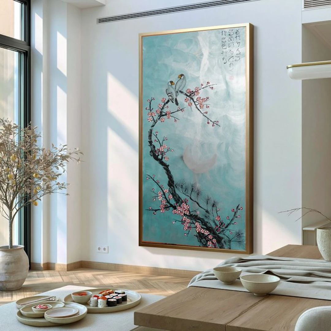 Ksavera - Japanese love birds J572 - Silver red painting on XXL canvas 210cm