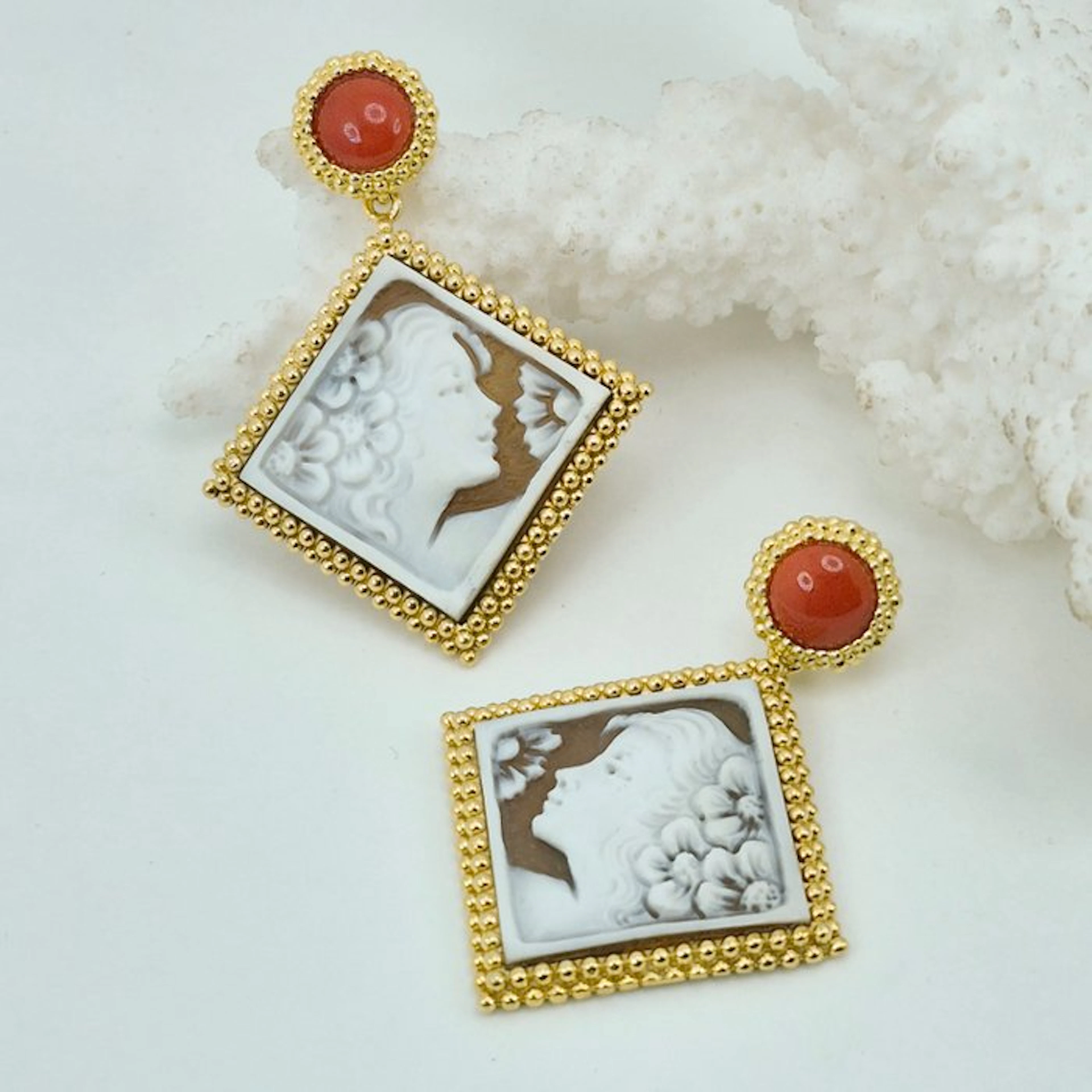 Silver, Gold-plated Earrings - Coral Sardinia and Cameos