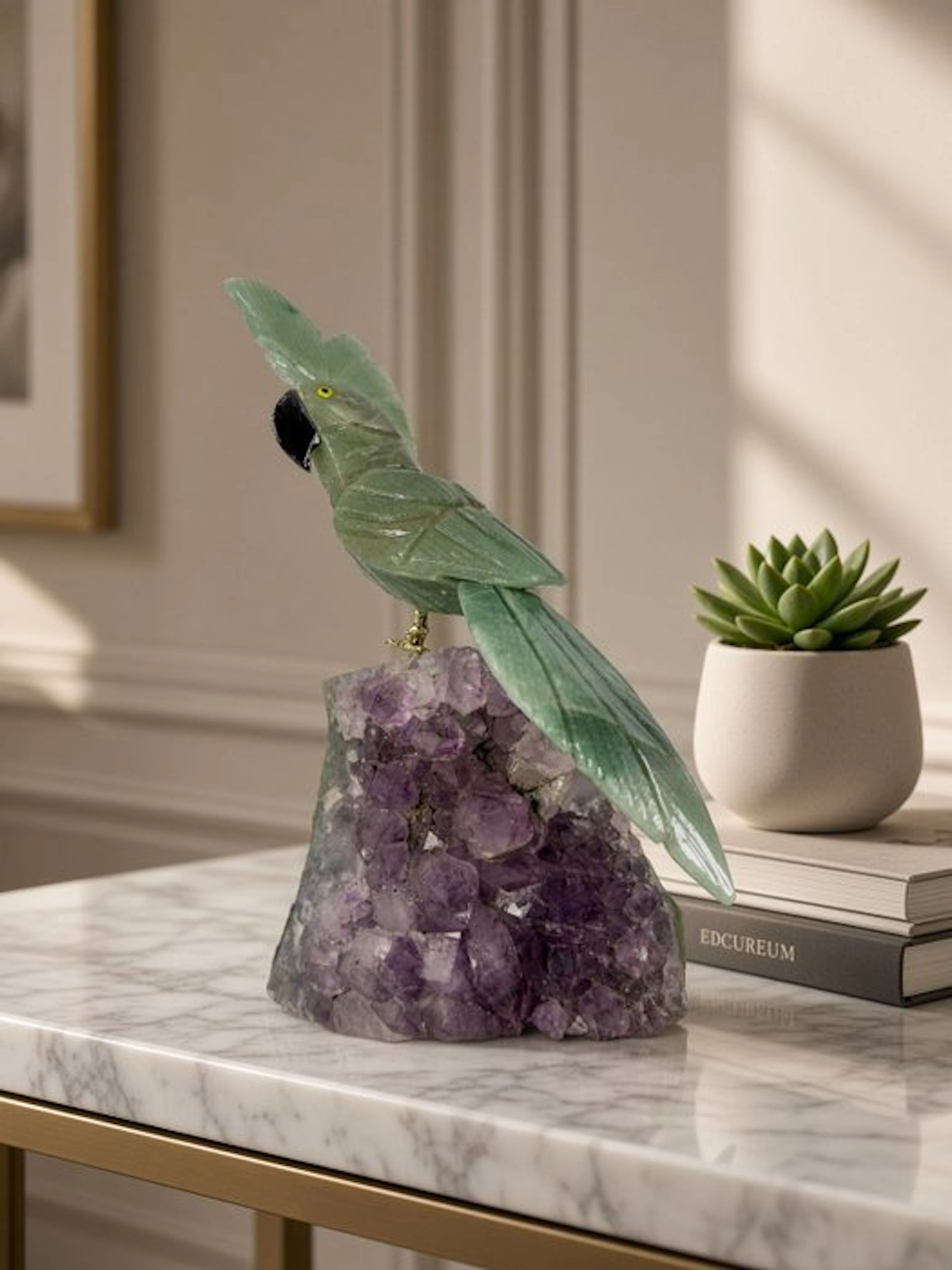 Rare piece - Hand-carved natural stone parrot on...
