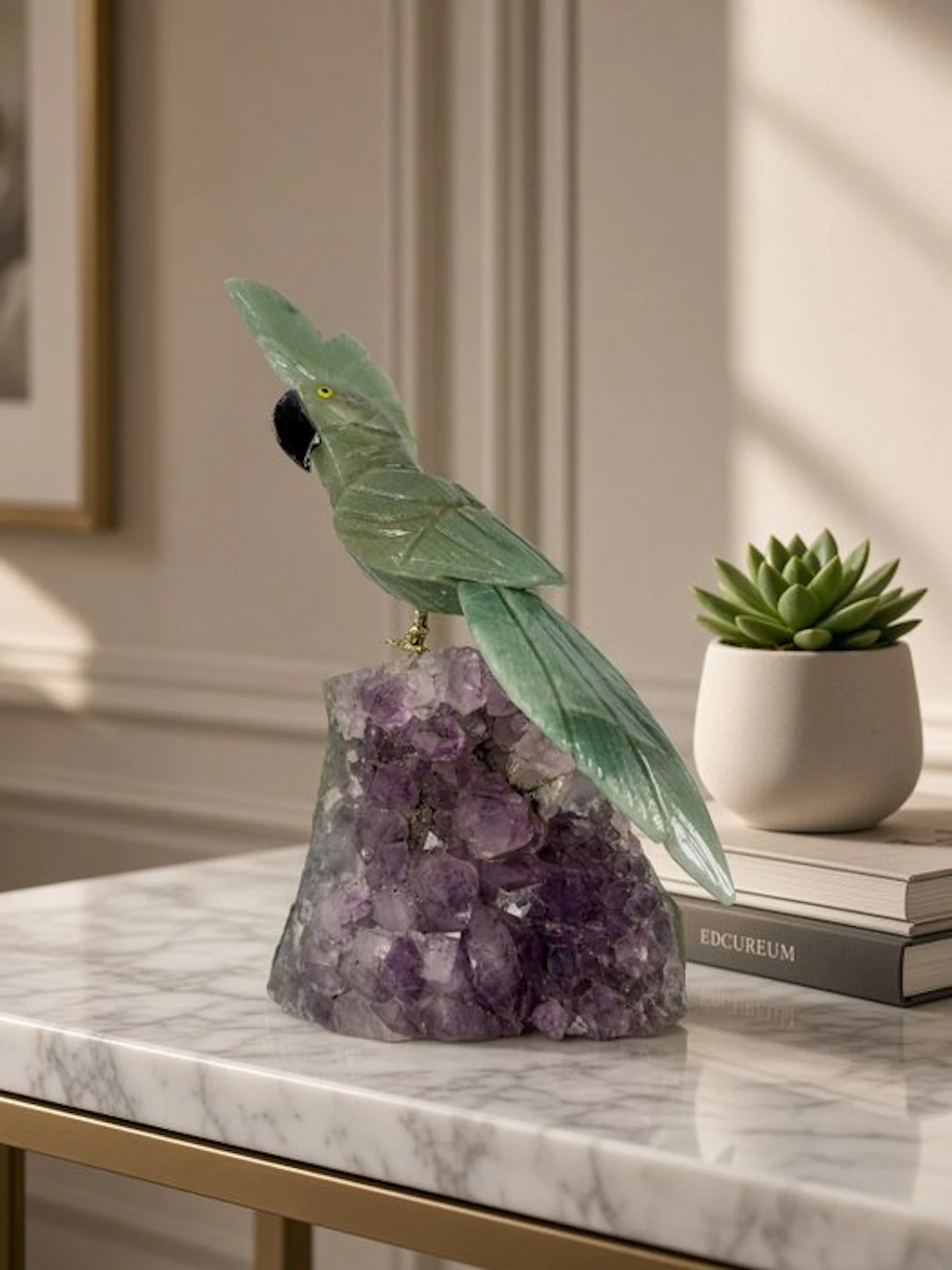 Rare piece - Hand-carved natural stone parrot on...