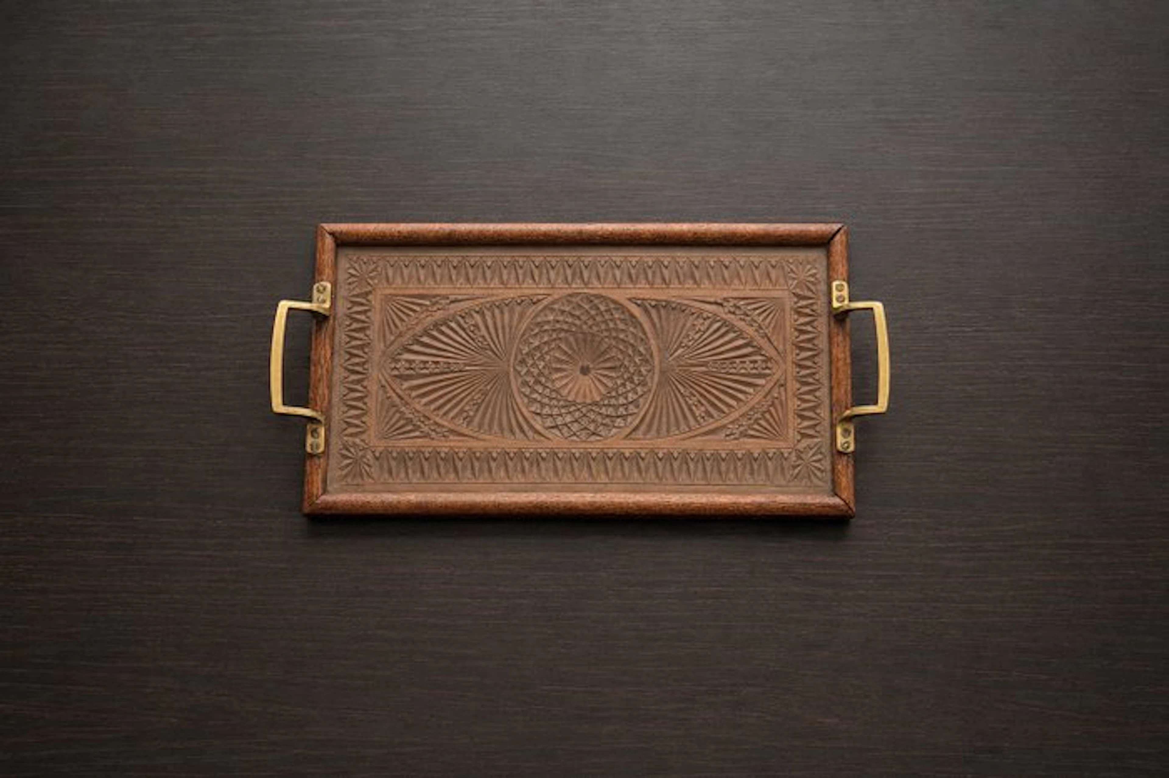 Antique Hand-Carved Serving Tray with Glass & Brass Handles - Tray - Wood