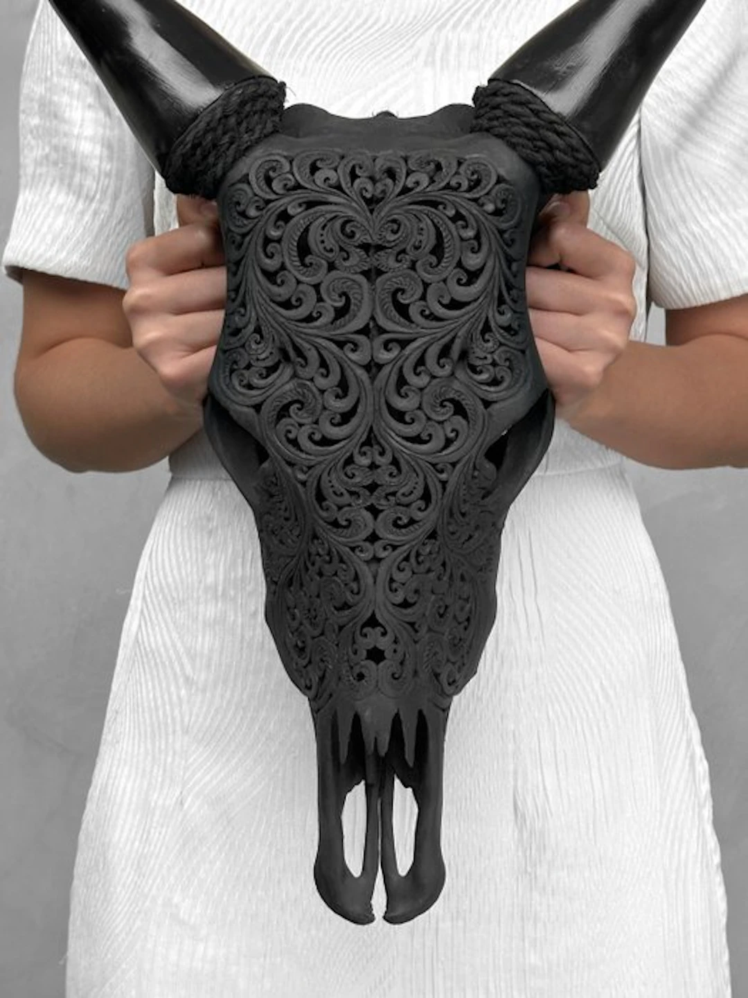 NO RESERVE PRICE - Authentic Black Hand Carved Cow Skull...