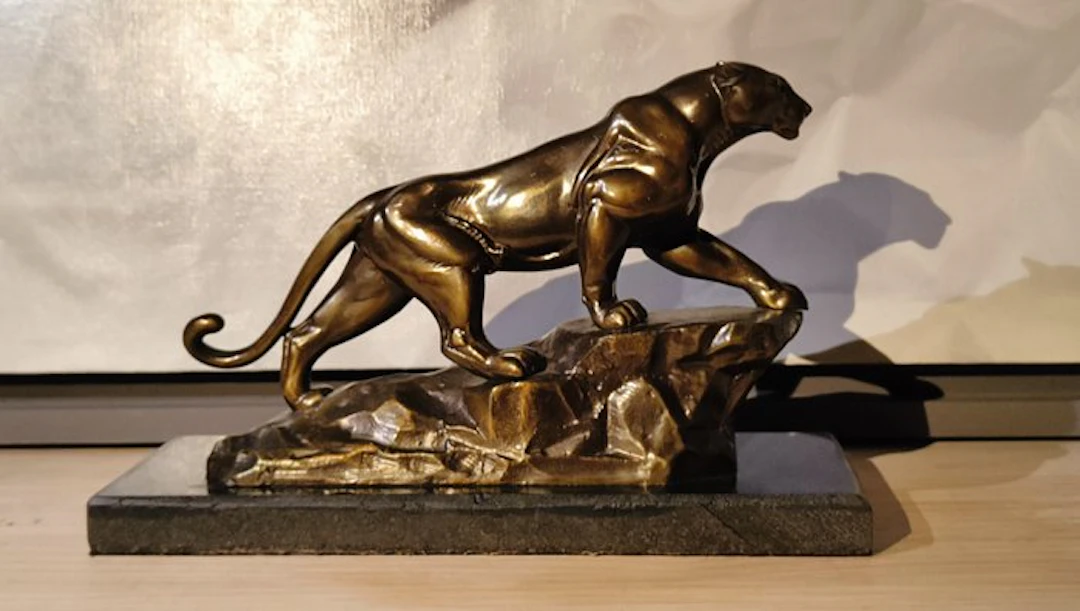 Statue, Pantera sobre rocas - 17 cm - Spelter, Marble