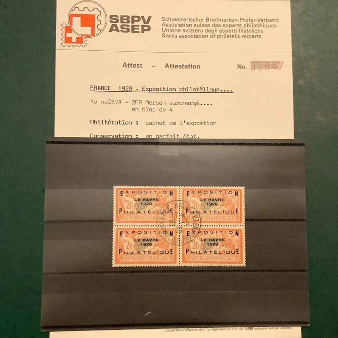 France 1929 - Exhibit from Le Havre with perfect centering in a block of four