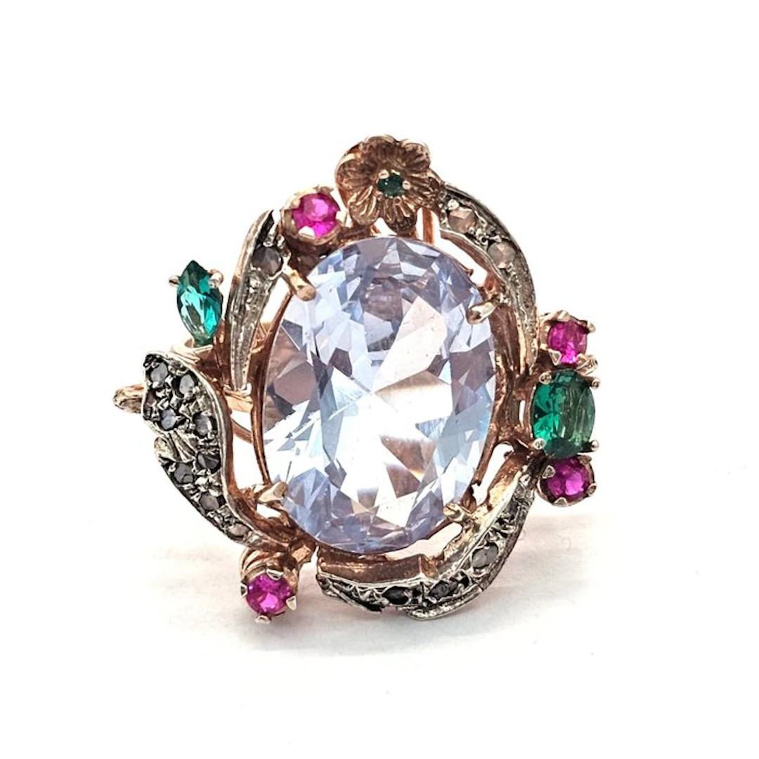 No reserve price - Ring - 9 kt. Rose gold, Silver Diamond (Natural) - Spinel