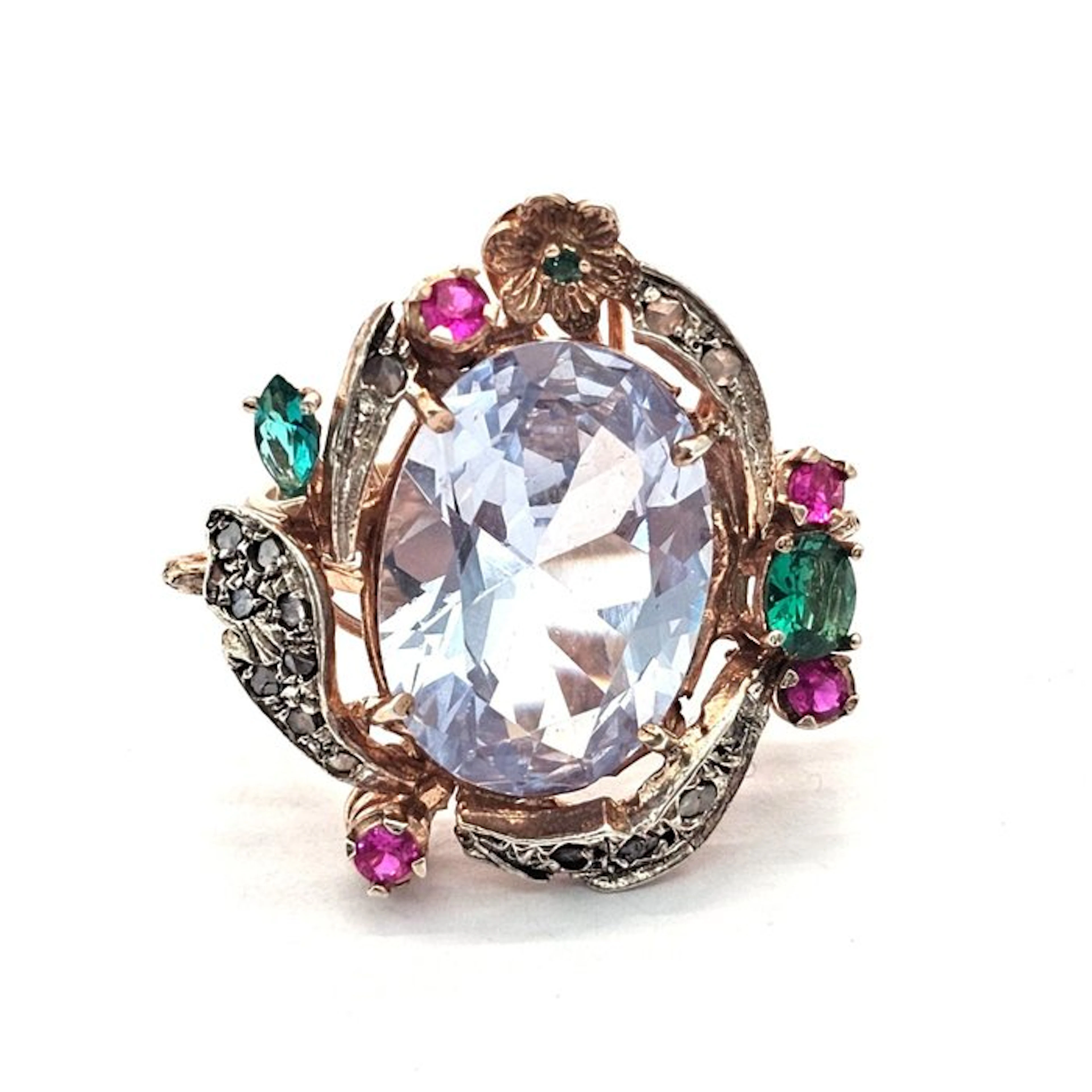 No reserve price - Ring - 9 kt. Rose gold, Silver Diamond (Natural) - Spinel