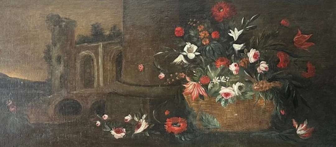 Italian school (XX) - Natura morta con fiori e rovine-XL format