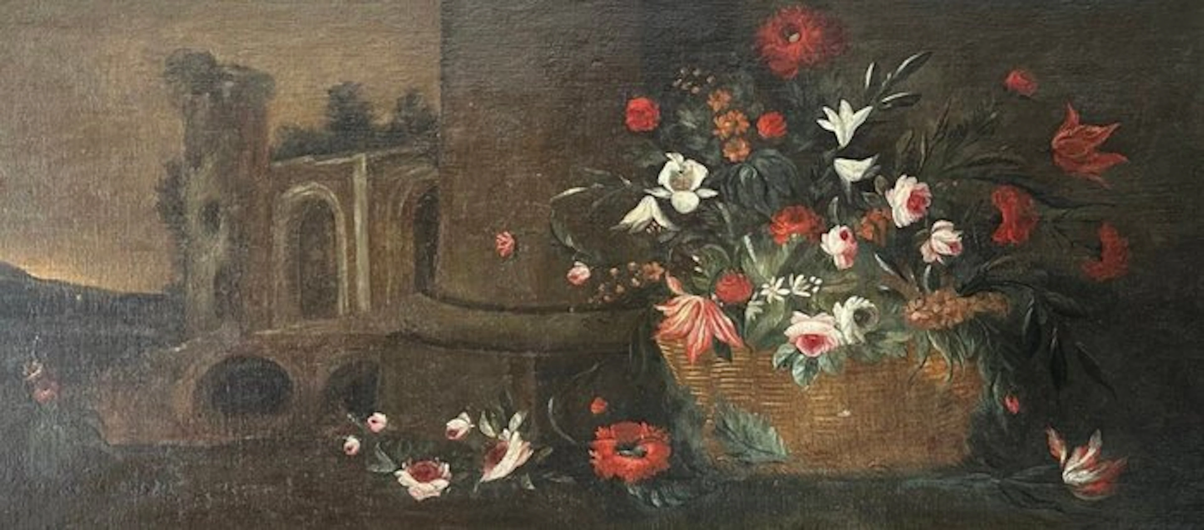 Italian school (XX) - Natura morta con fiori e rovine-XL format
