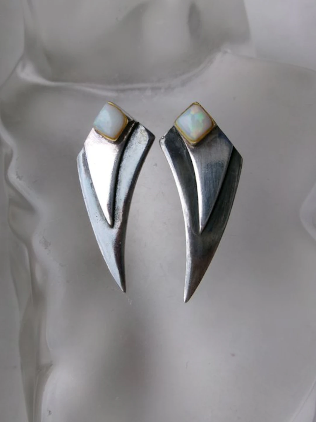 Silver, Opal - Earrings - Art Deco/Bauhaus Style