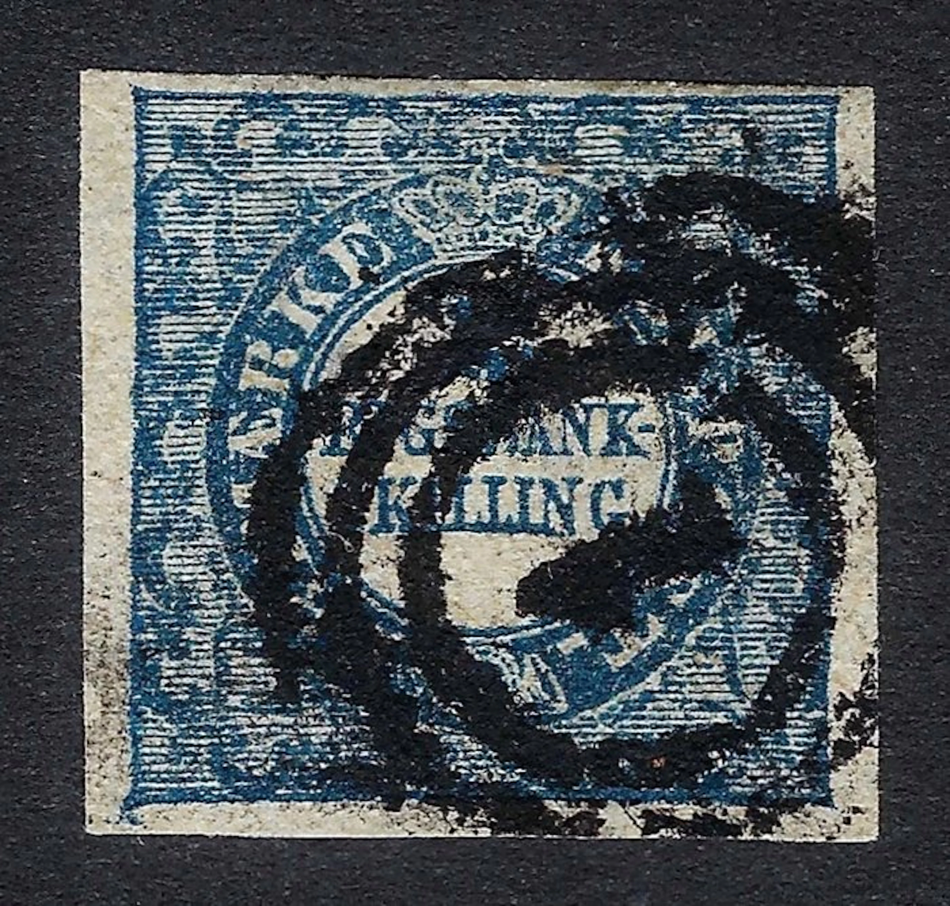 Denmark 1852 - Coat of Arms 2 Ringbankskilling blue Rings...