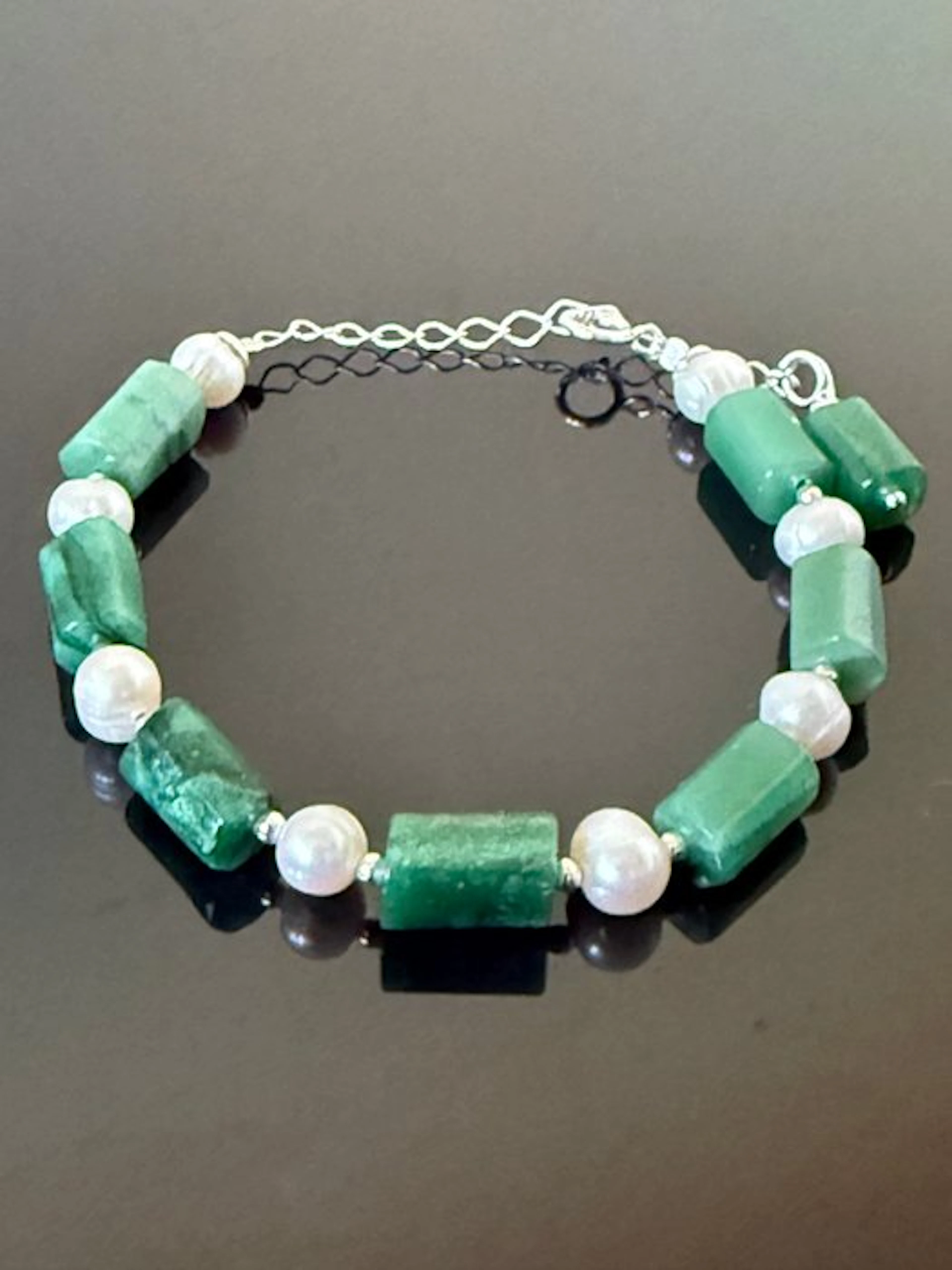 Silver - Bracelet - Emerald, freshwater pearls