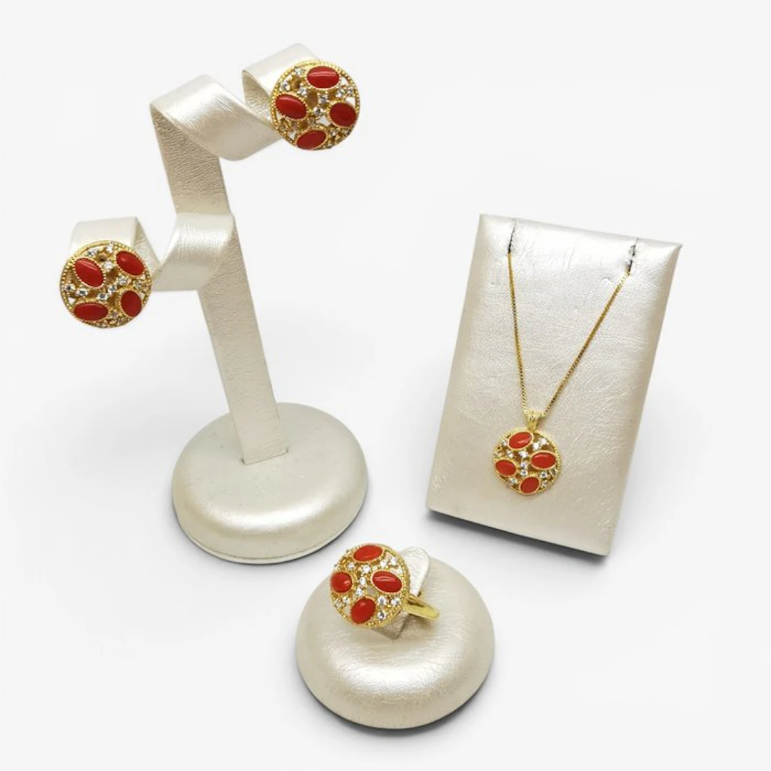 Coral - Sterling Silver 925 - 3 piece jewellery set - Italian craftsmanship