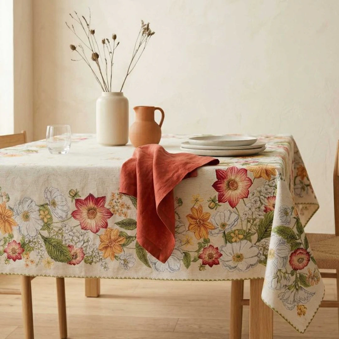AA155 - Gobelin Tablecloth with Floral Motif and Green...