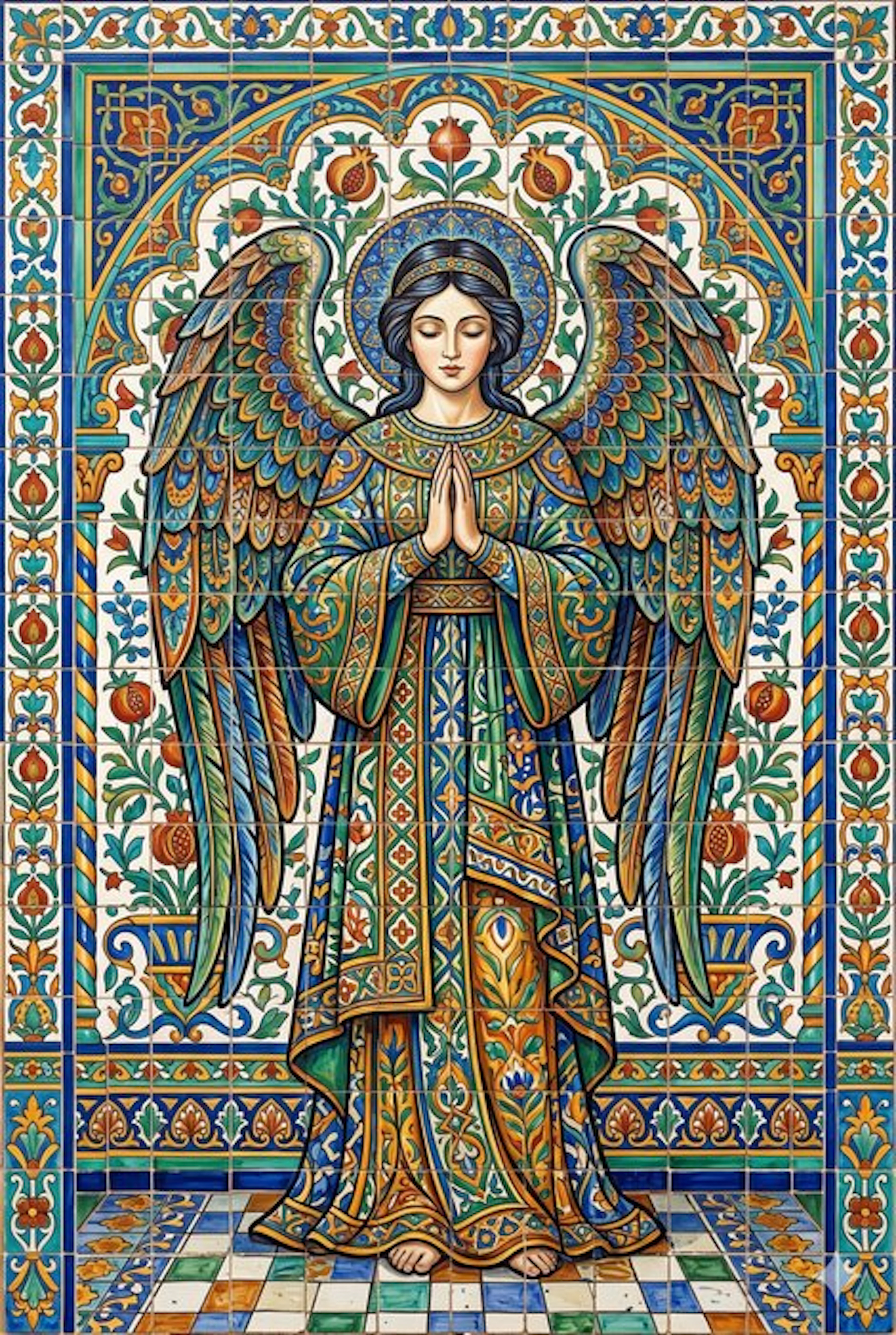 CREATIVE_HUB - Green and blue Angel praying on sevilla tiles style