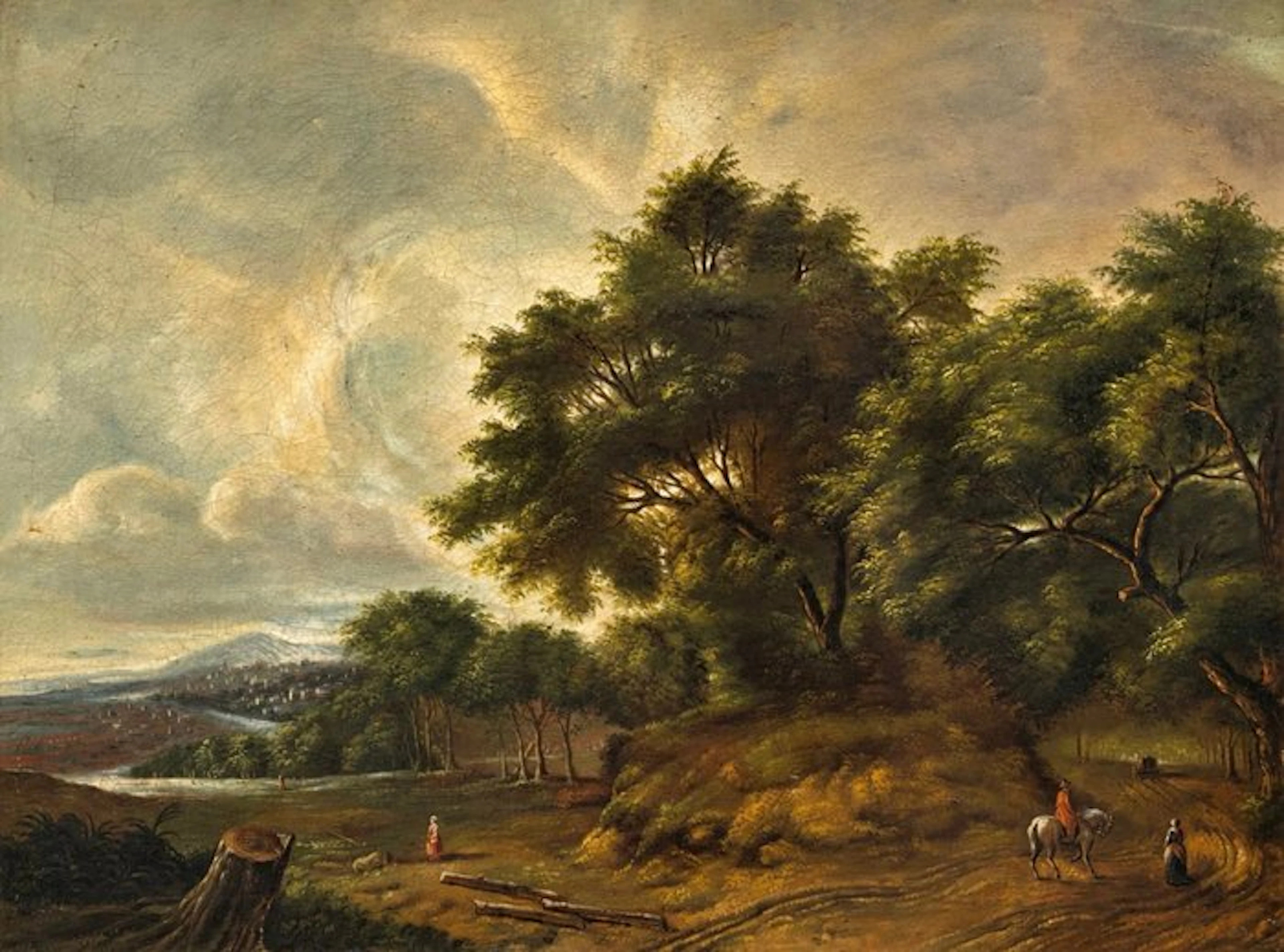 European School (XVIII - XIX) - Wooded Landscape with a Horseman and Figures