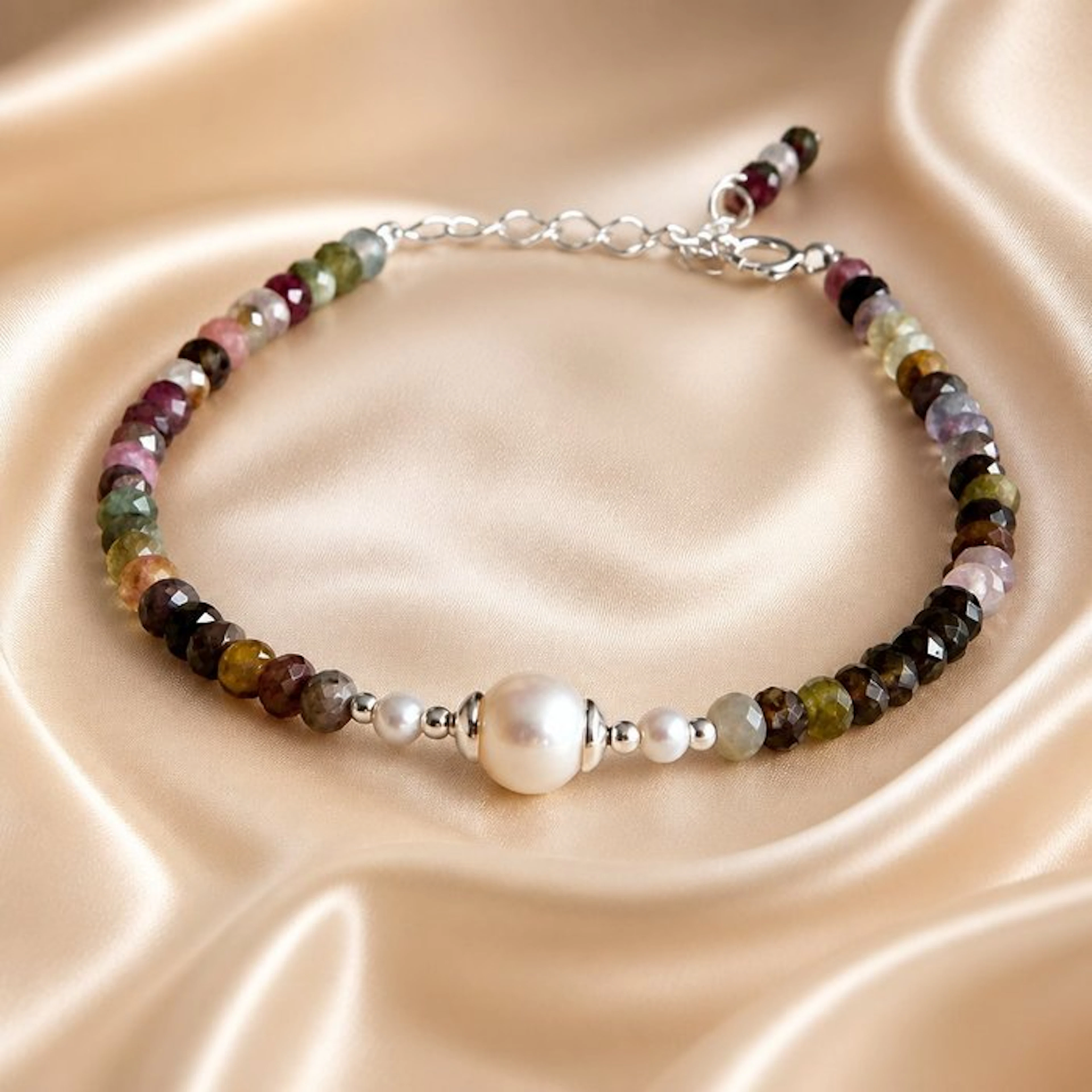 Pearl - Silver - Bracelet - Akoya pearls, tourmaline