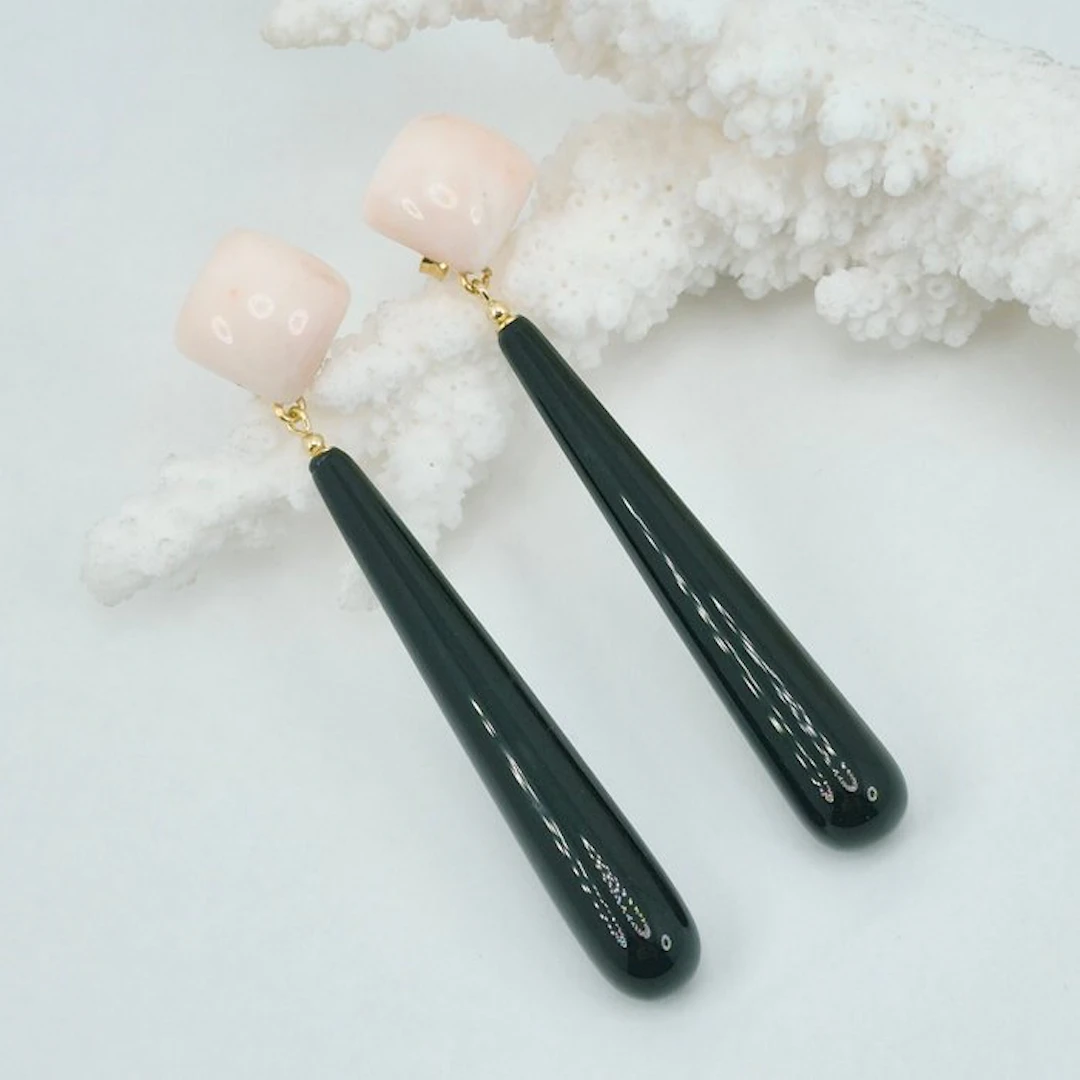 Coral - Silver - Earrings - Pink Coral, Black Agate
