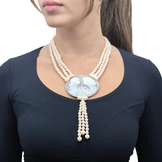 Coral - Silver - Necklace - Pink Coral and Cameo