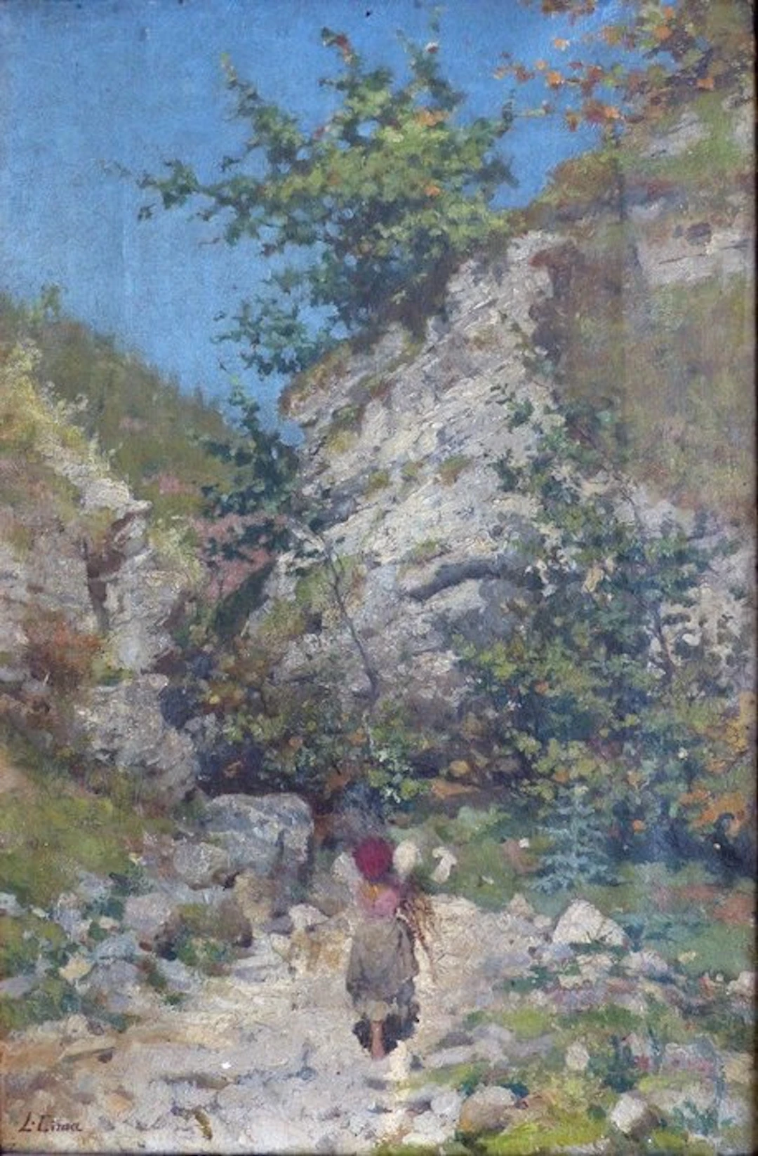 Luigi Cima (1860-1944) - Ecole italienne, Jeune paysanne sur un sentier