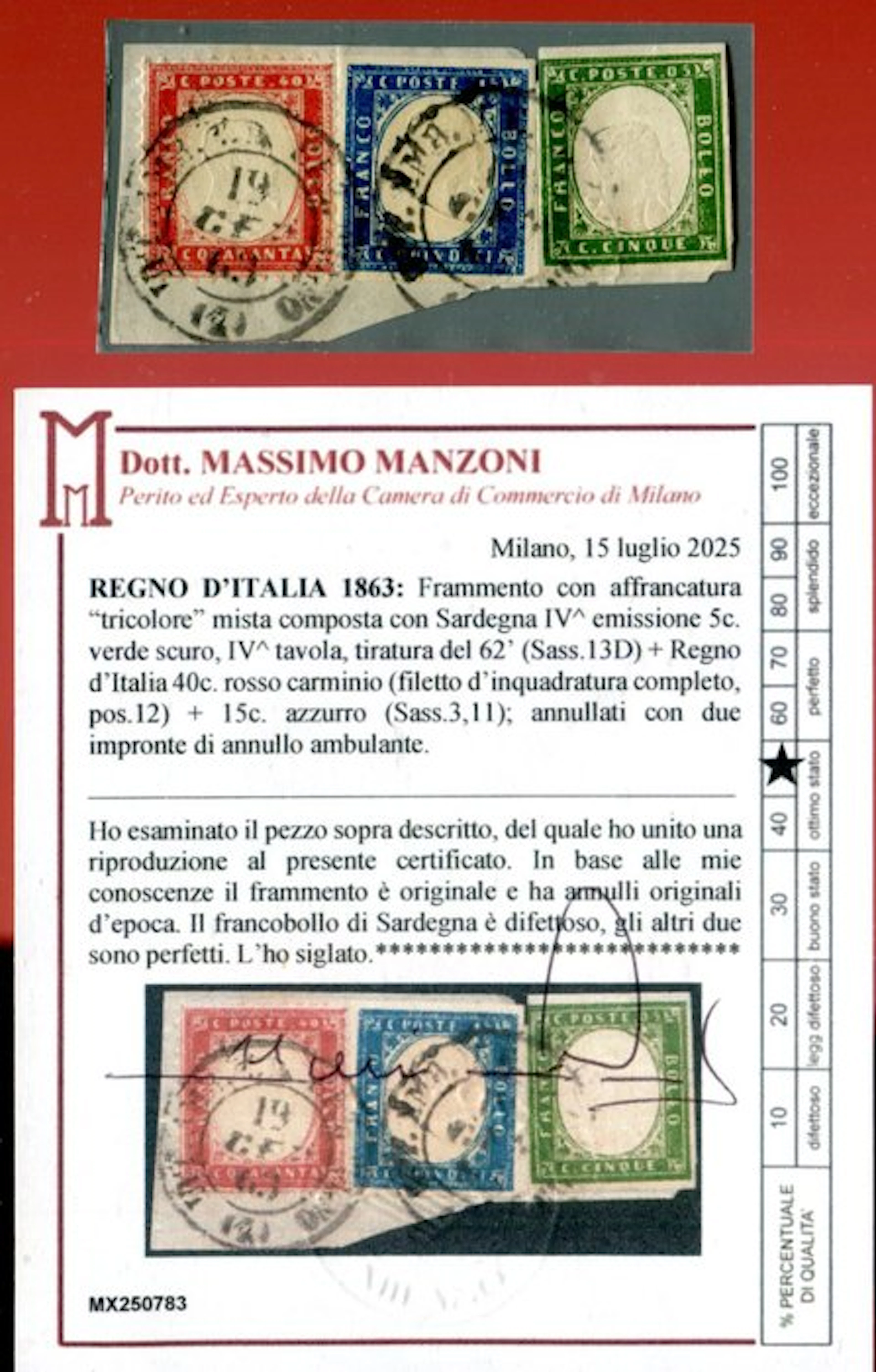 Italy Kingdom 1863 - Mixed tri-color franking with Matraire 40 centesimi